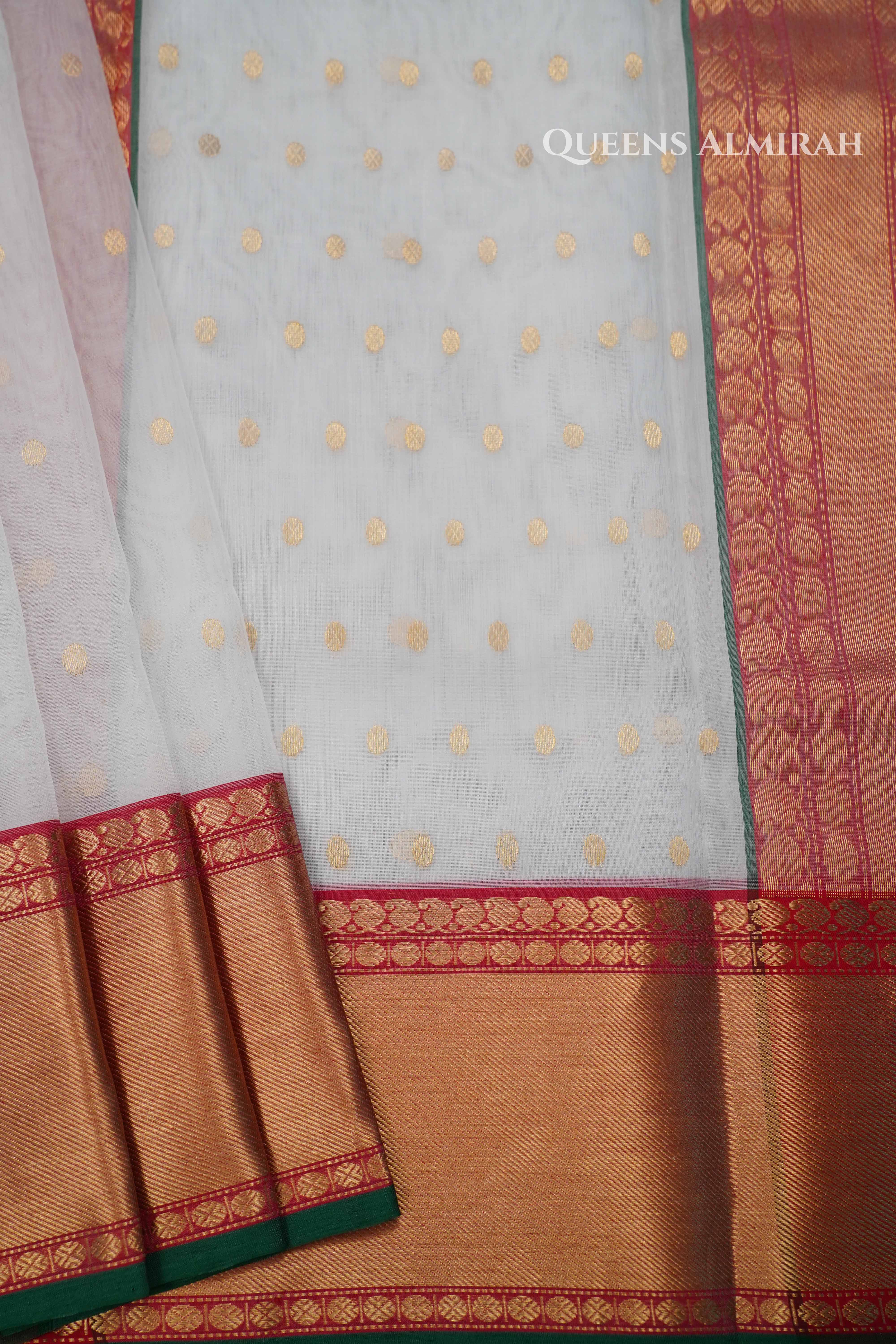 White Chanderi Katan Handloom Silk Saree QUEENS ALMIRAH