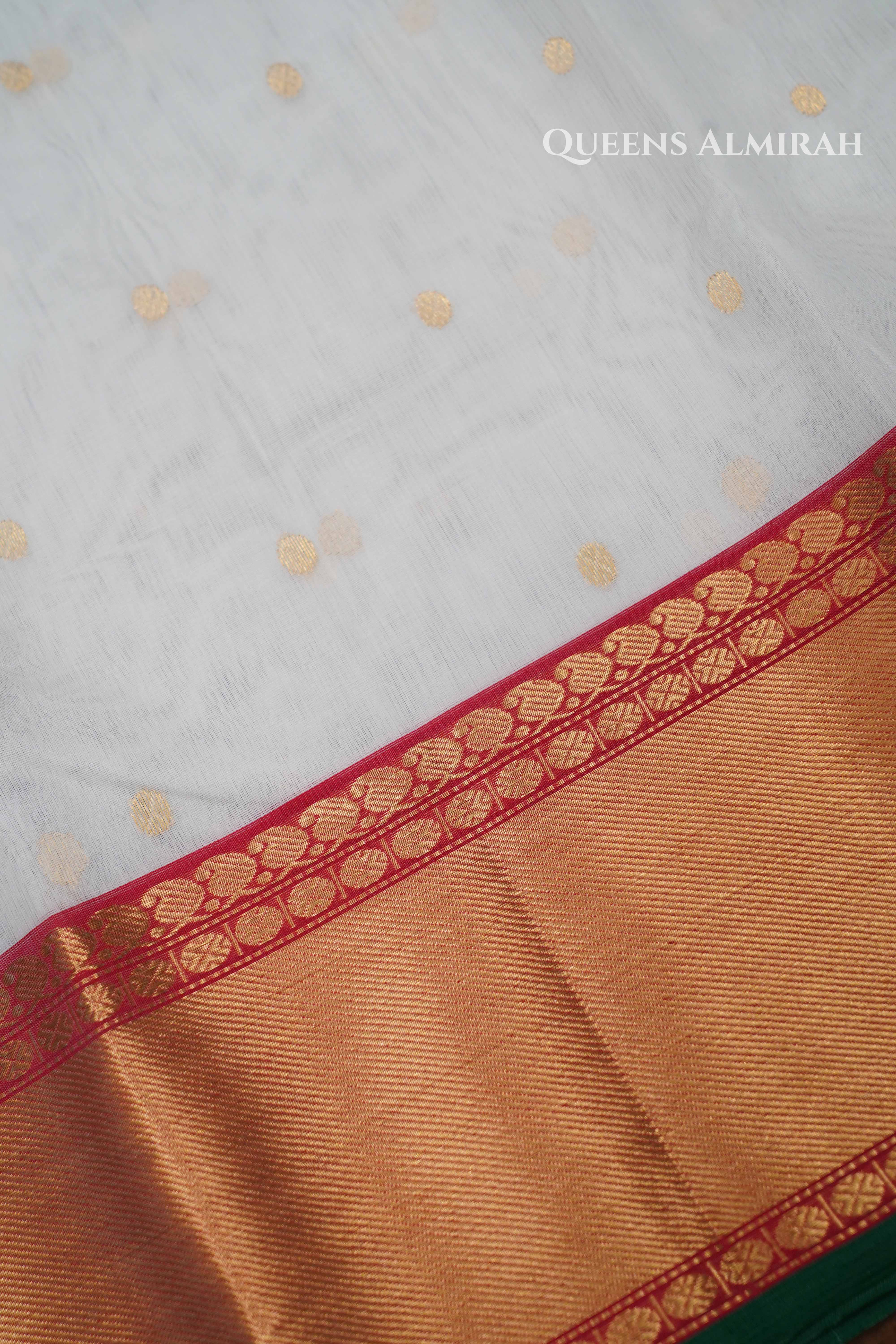 White Chanderi Katan Handloom Silk Saree QUEENS ALMIRAH