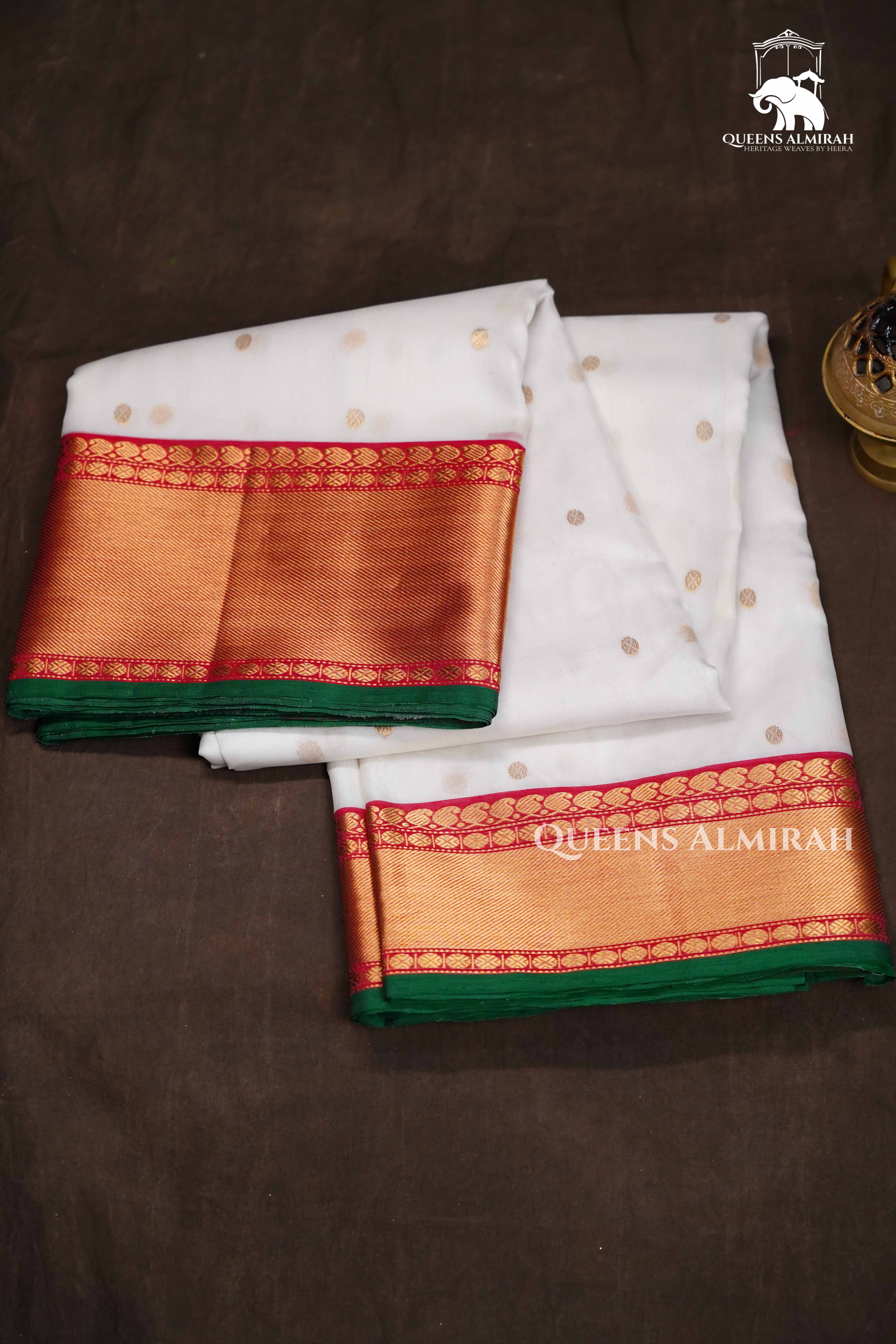 White Chanderi Katan Handloom Silk Saree QUEENS ALMIRAH