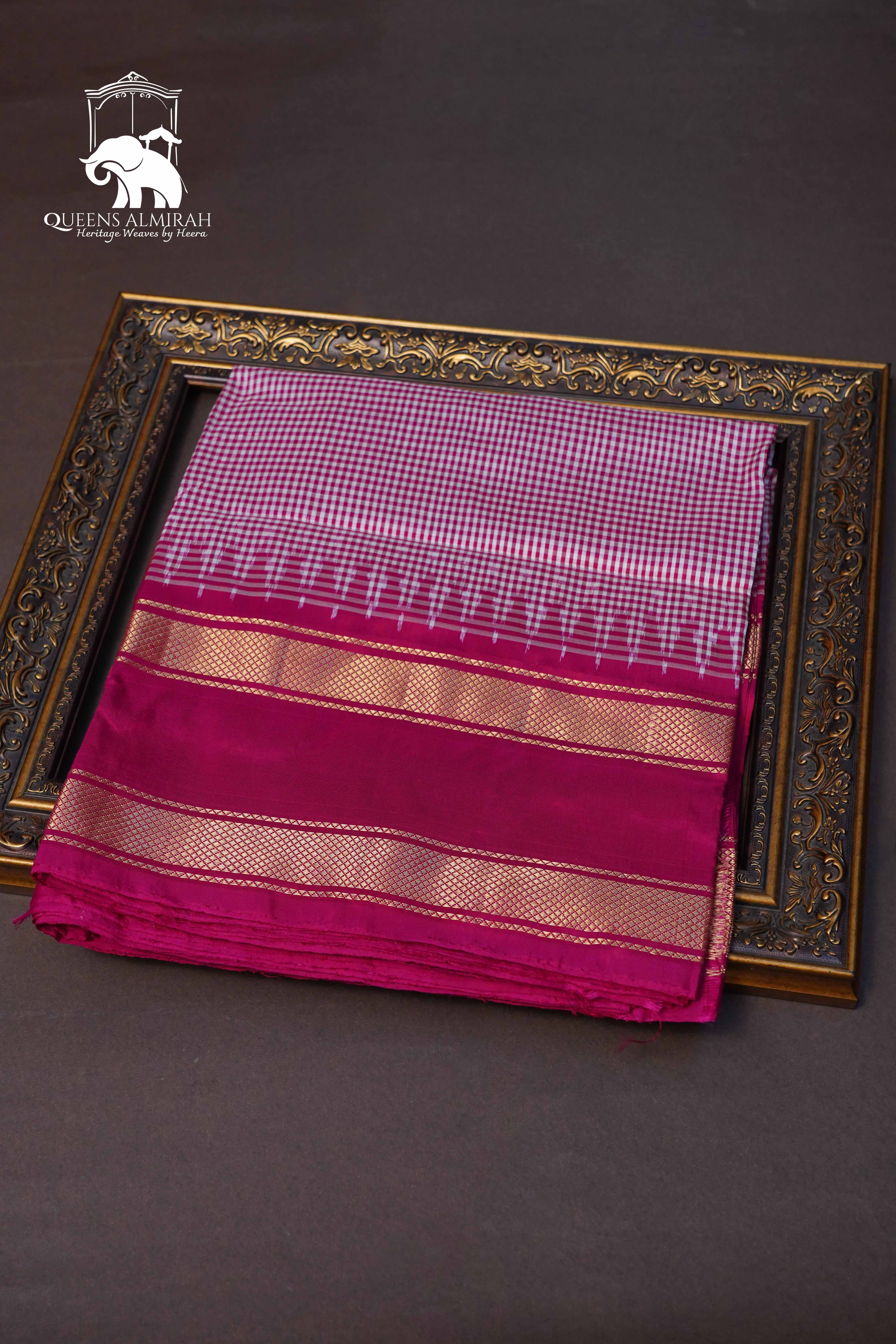 White Checks With Jazzberry Jam Pink Pure Ikat Silk Saree - Queens Jewel Emporium
