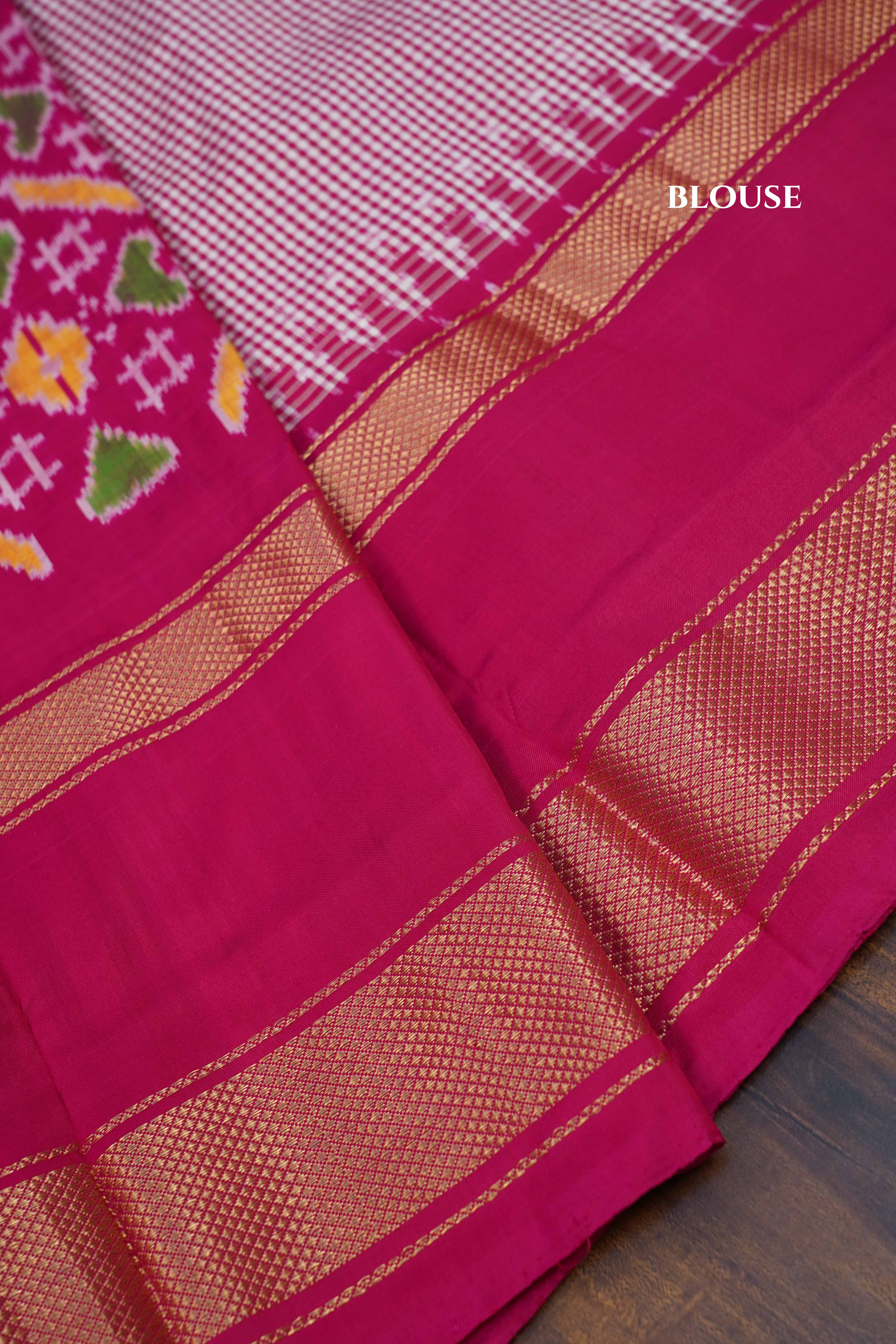 White Checks With Jazzberry Jam Pink Pure Ikat Silk Saree - Queens Jewel Emporium