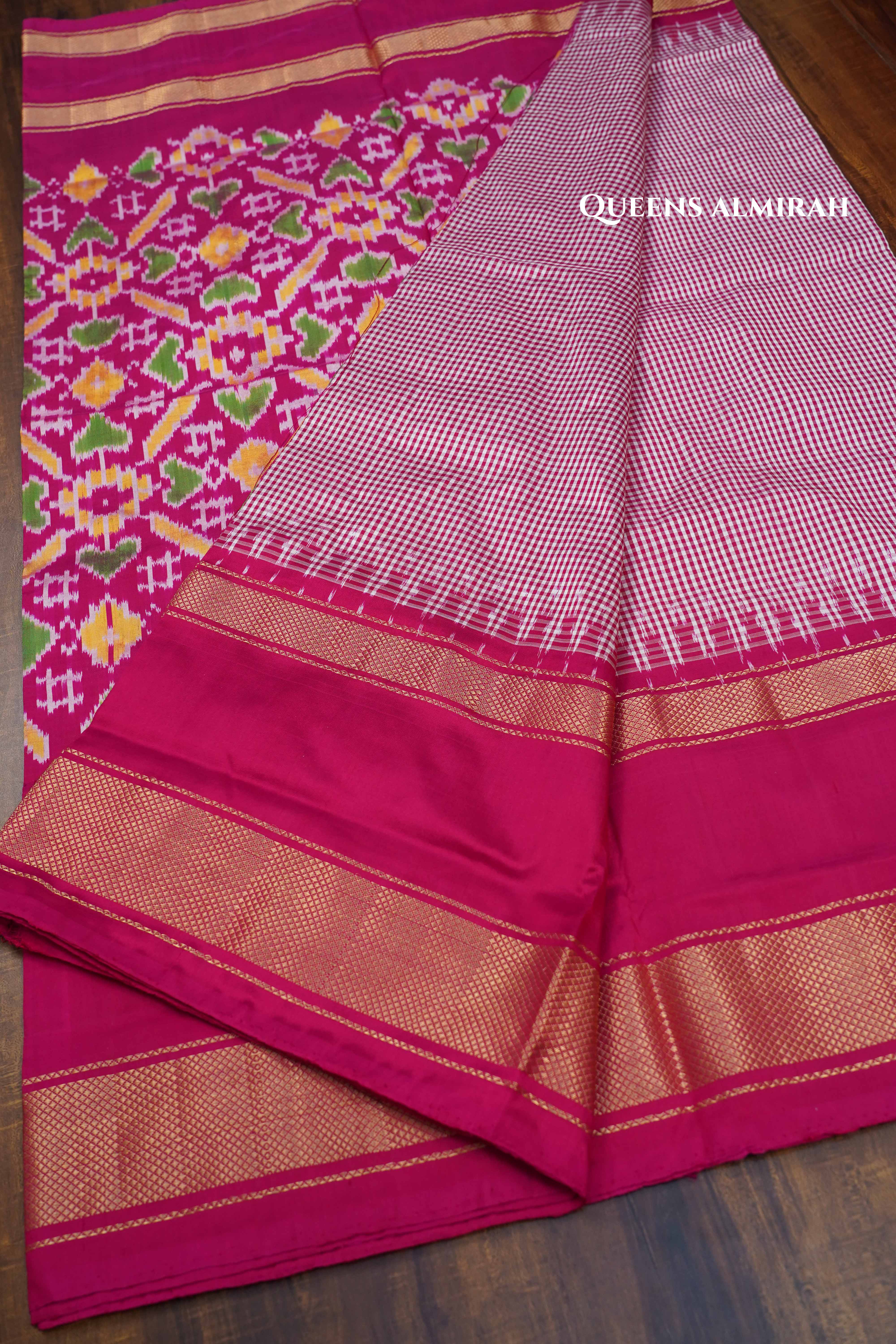 White Checks With Jazzberry Jam Pink Pure Ikat Silk Saree - Queens Jewel Emporium