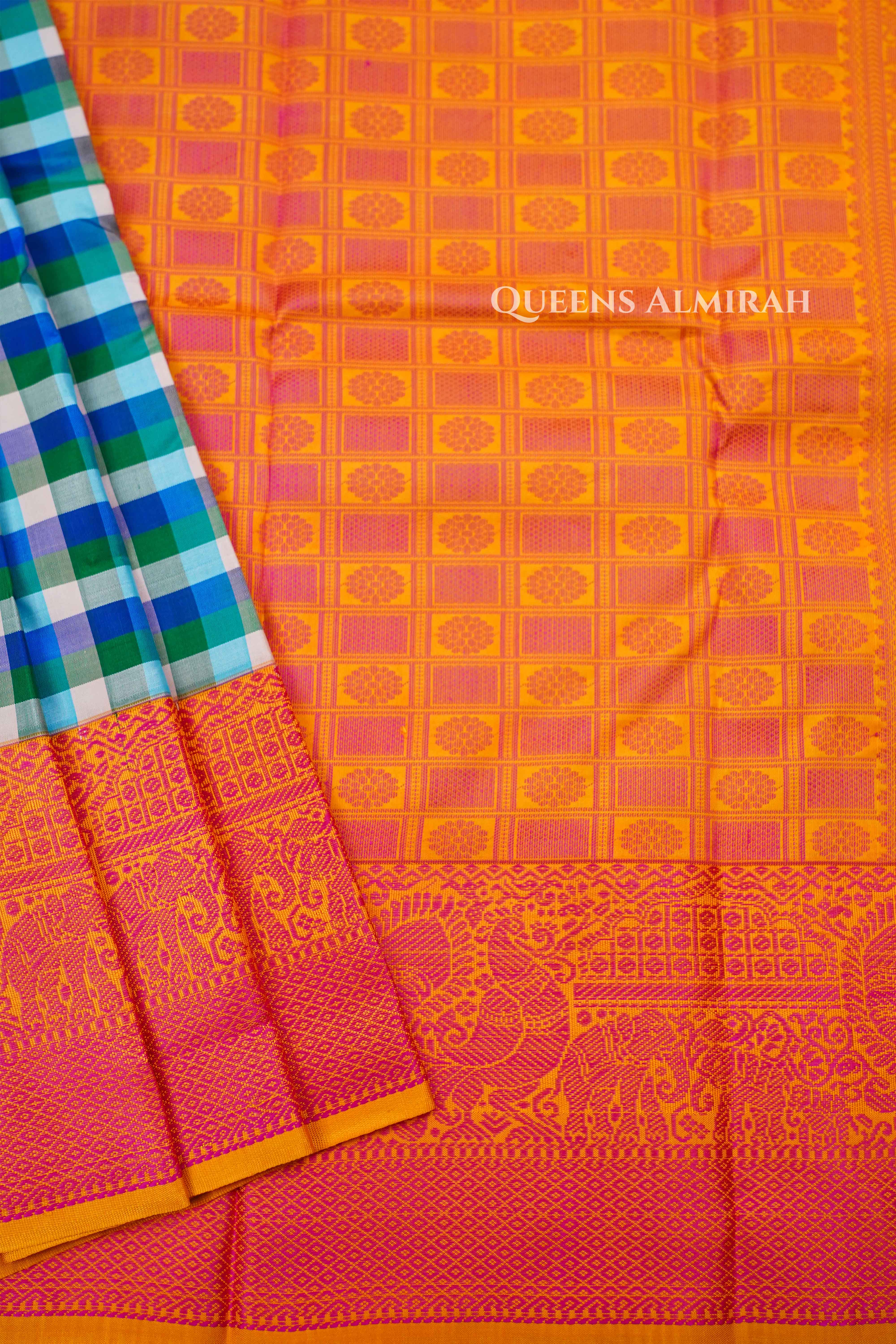 White With Blue And Green Kuravanji Silk Saree QUEENS ALMIRAH