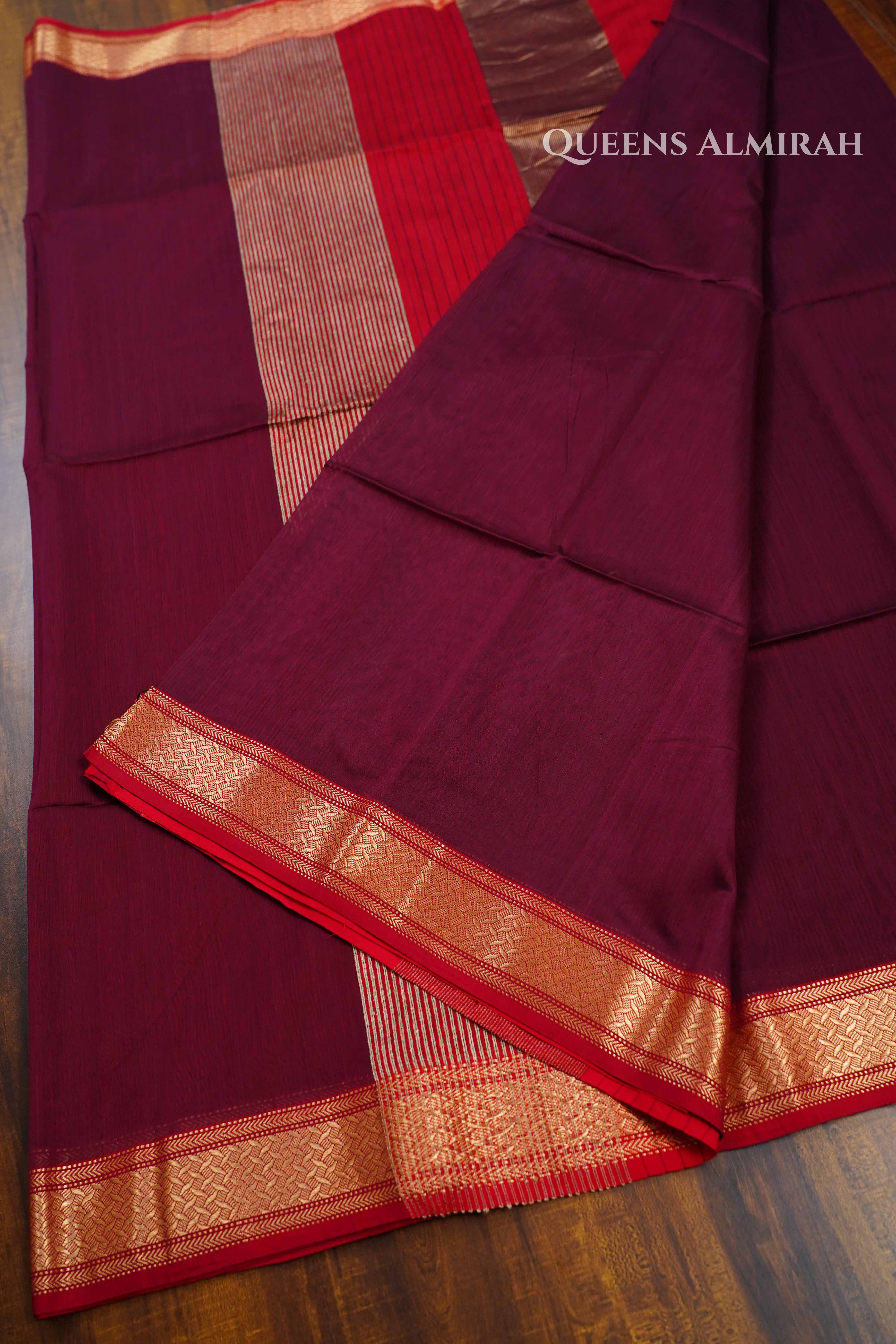 Wine Berry Maheshwari Silk Cotton Saree QUEENS ALMIRAH