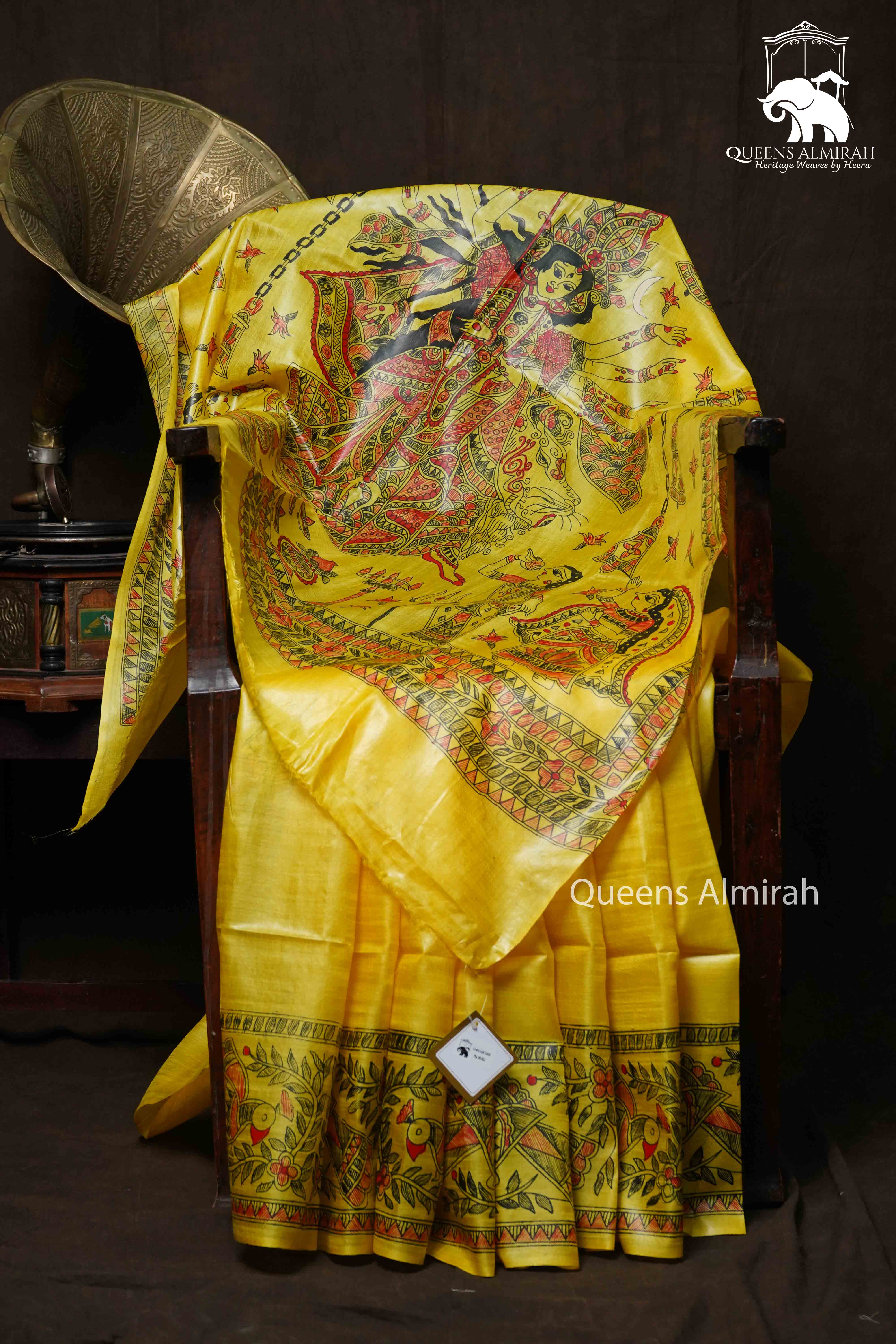 YELLOW MADHUBANI HAND PAINTED PURE TUSSAR SILK SAREE 1 - Queens Jewel Emporium