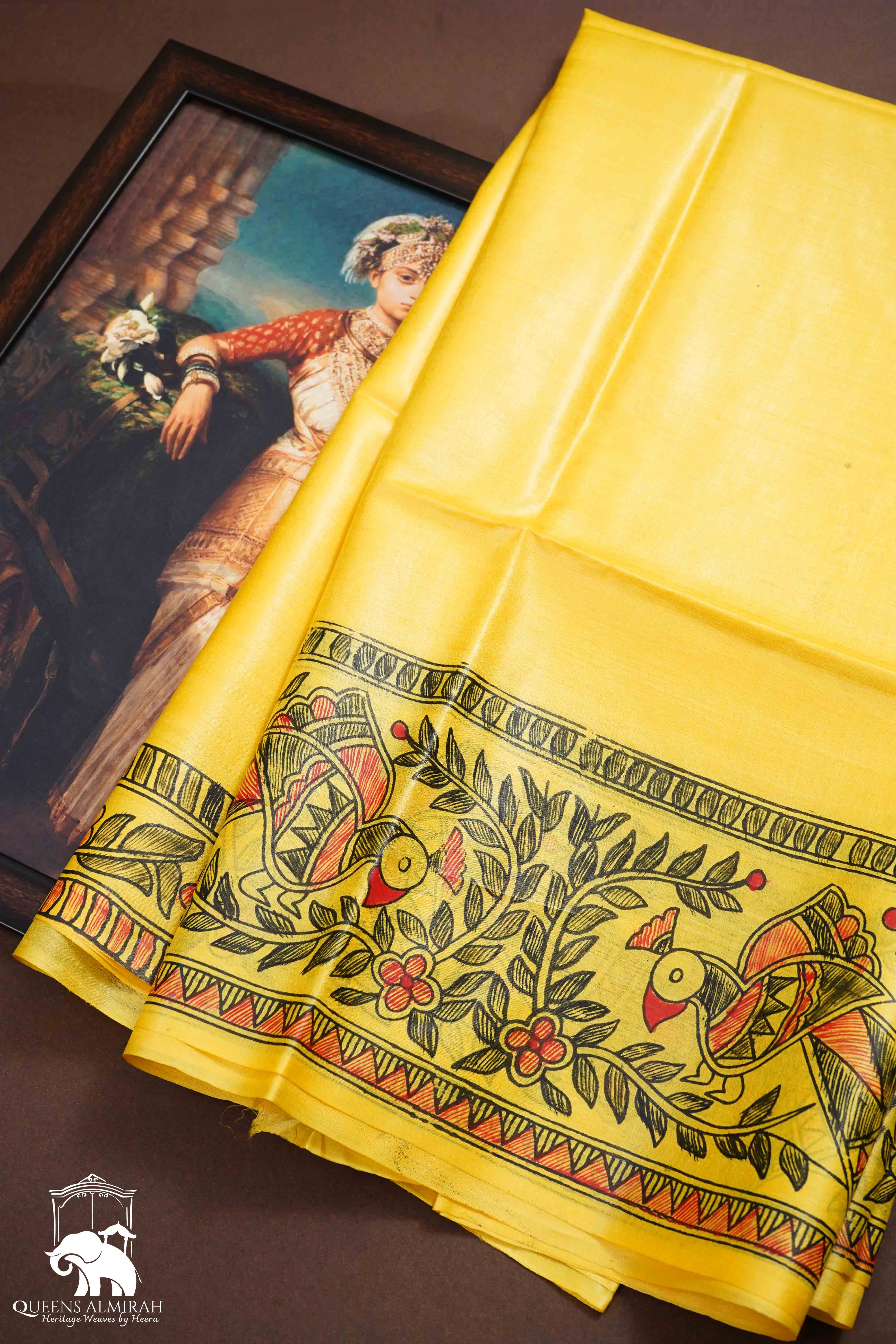 YELLOW MADHUBANI HAND PAINTED PURE TUSSAR SILK SAREE 1 - Queens Jewel Emporium