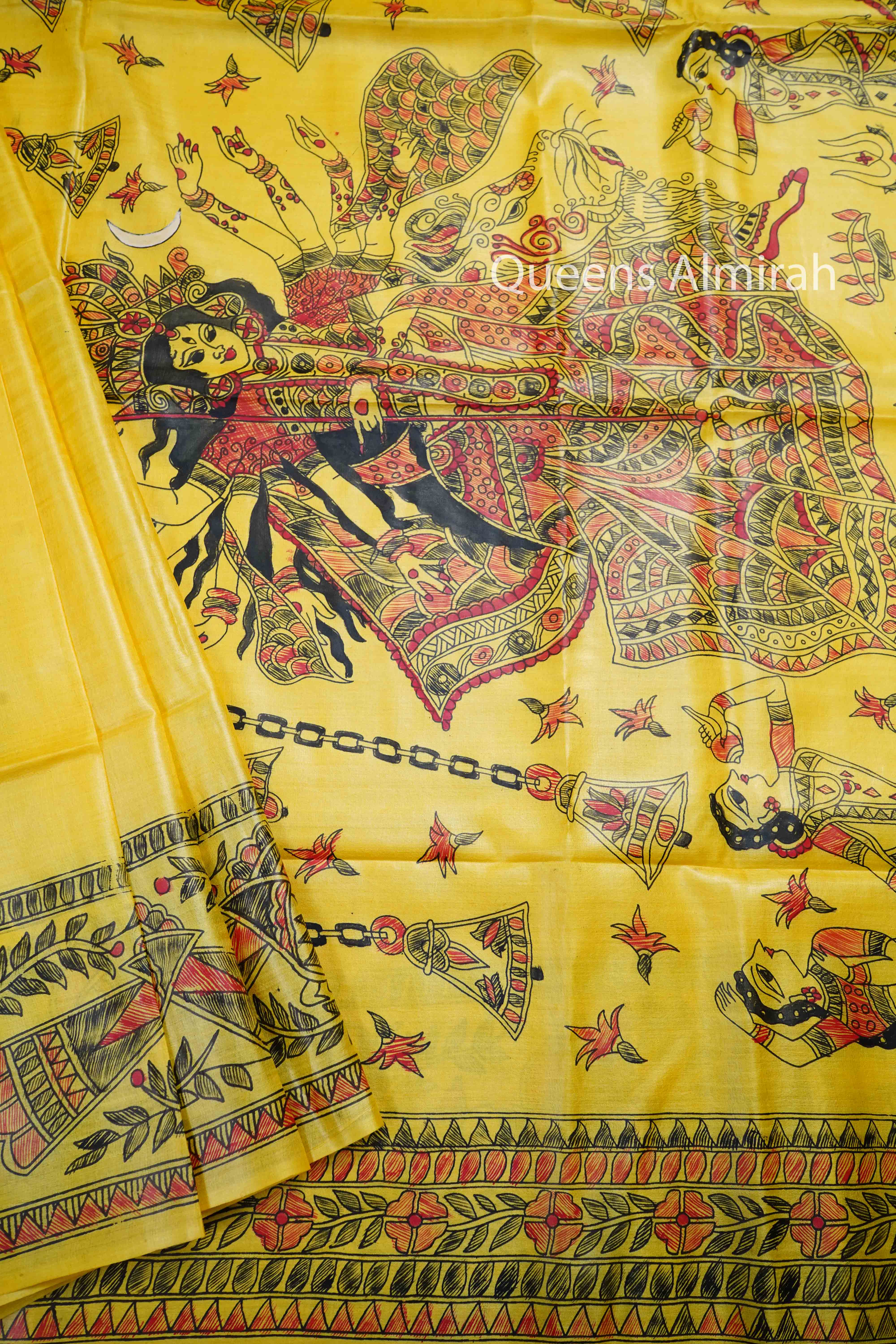 YELLOW MADHUBANI HAND PAINTED PURE TUSSAR SILK SAREE 1 - Queens Jewel Emporium