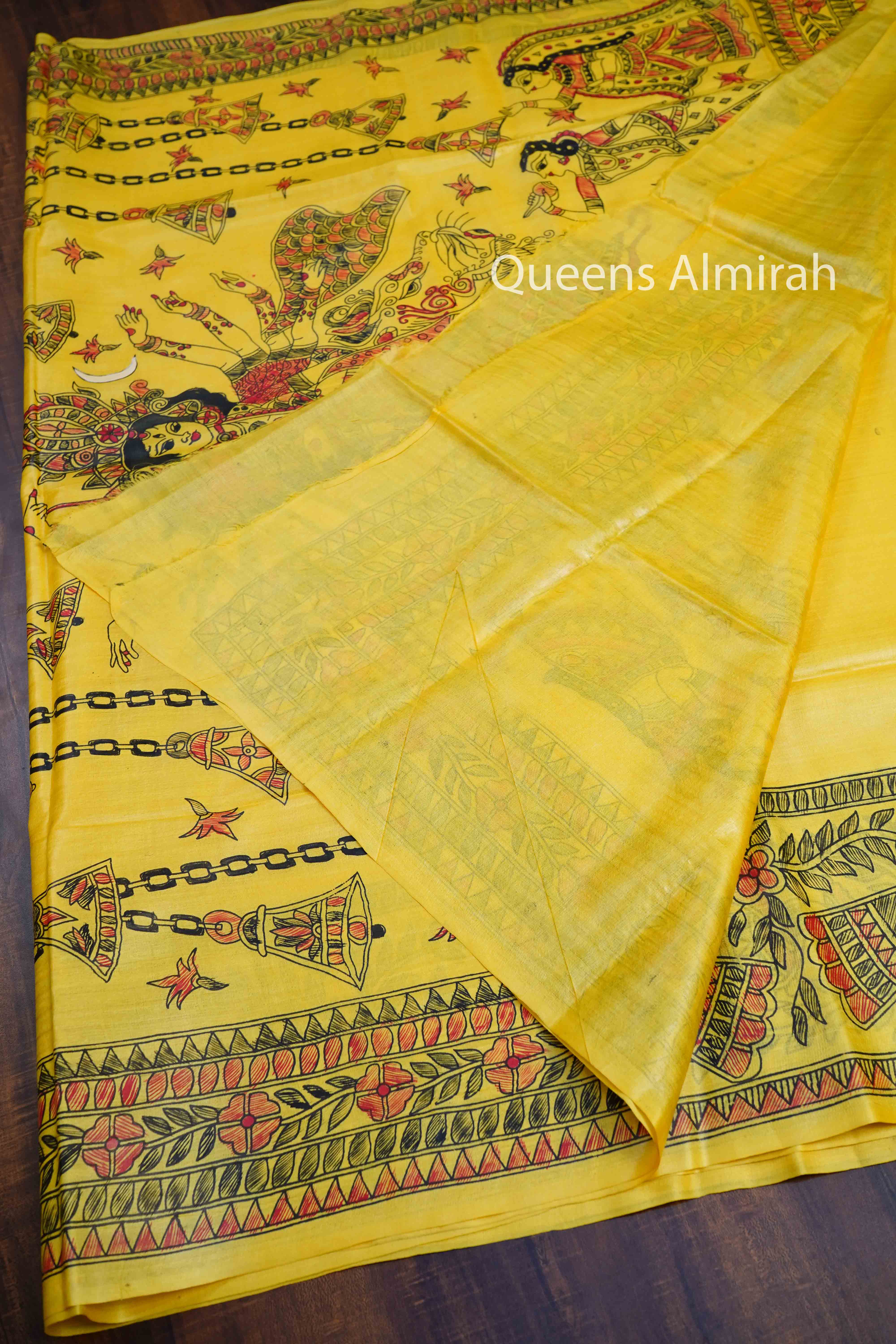 YELLOW MADHUBANI HAND PAINTED PURE TUSSAR SILK SAREE 1 - Queens Jewel Emporium
