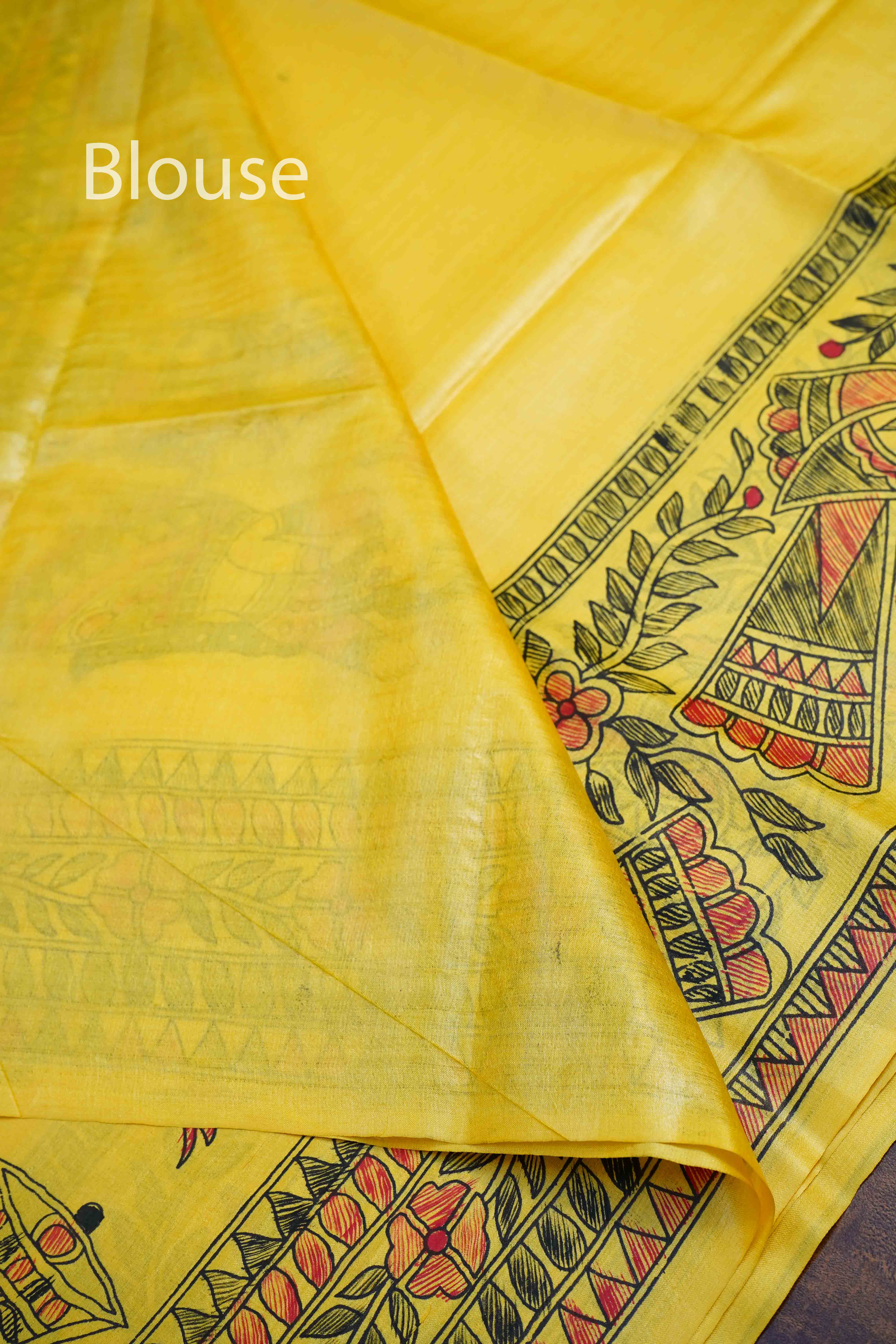 YELLOW MADHUBANI HAND PAINTED PURE TUSSAR SILK SAREE 1 - Queens Jewel Emporium