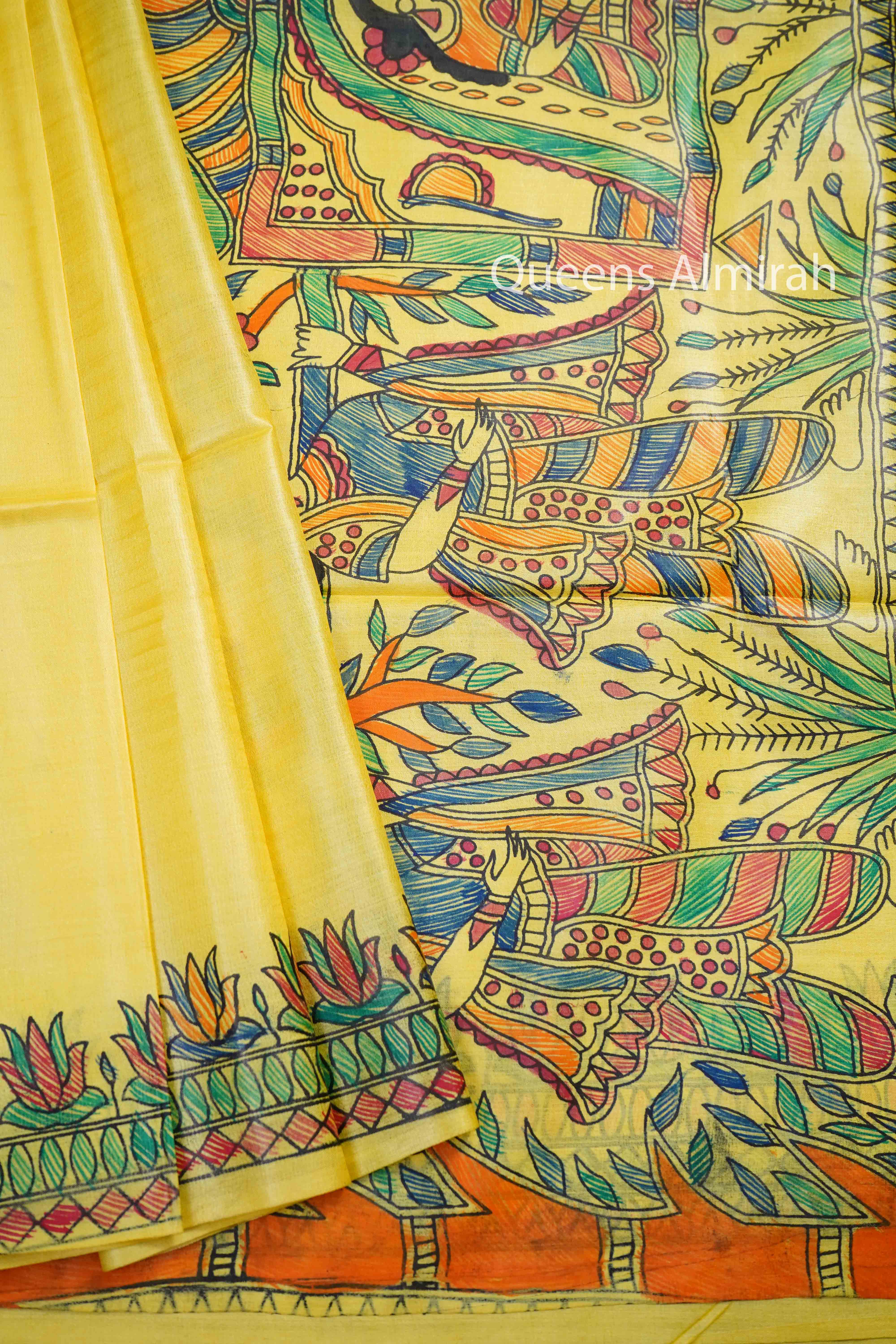 YELLOW MADHUBANI HAND PAINTED PURE TUSSAR SILK SAREE 2 - Queens Jewel Emporium