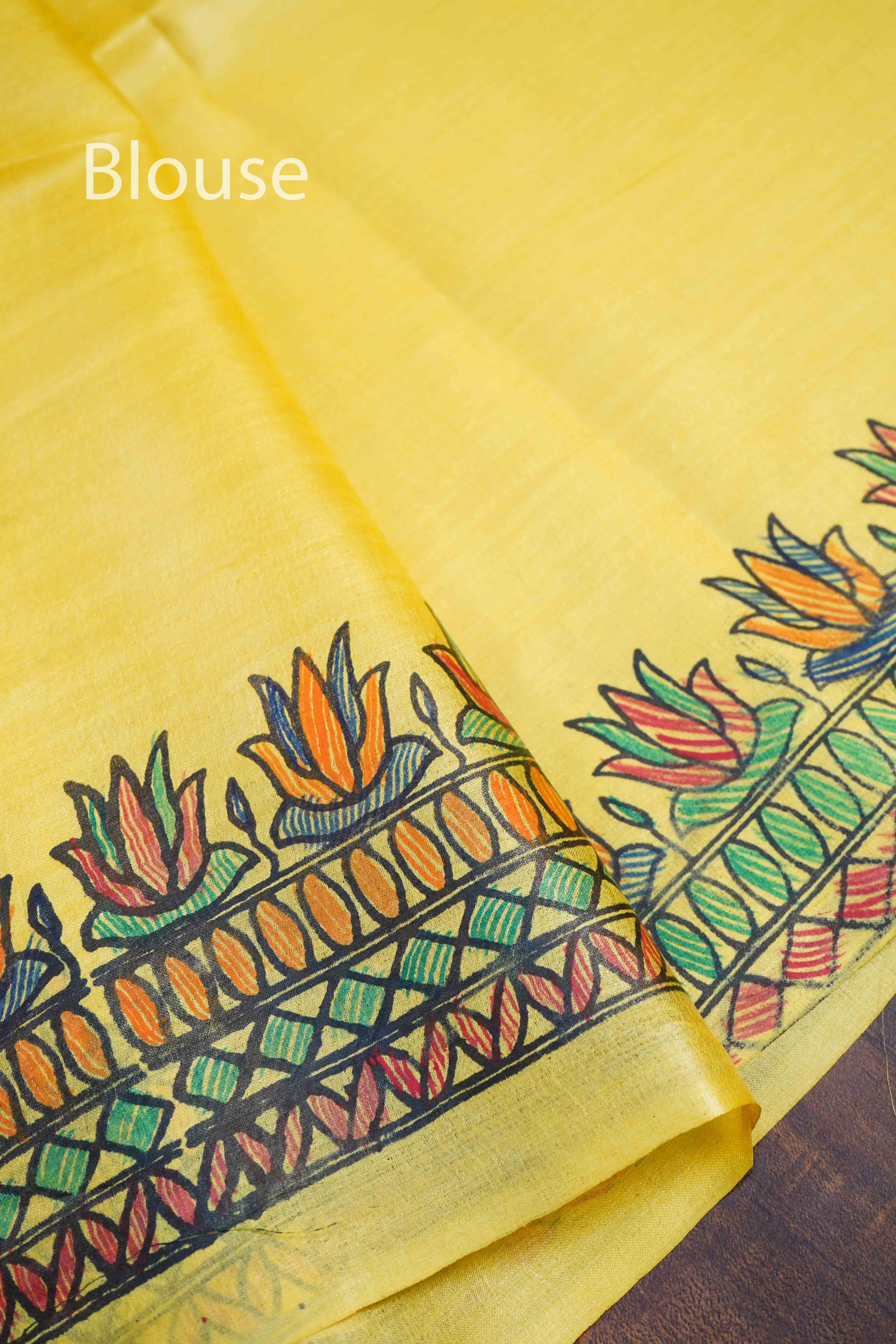 YELLOW MADHUBANI HAND PAINTED PURE TUSSAR SILK SAREE 2 - Queens Jewel Emporium