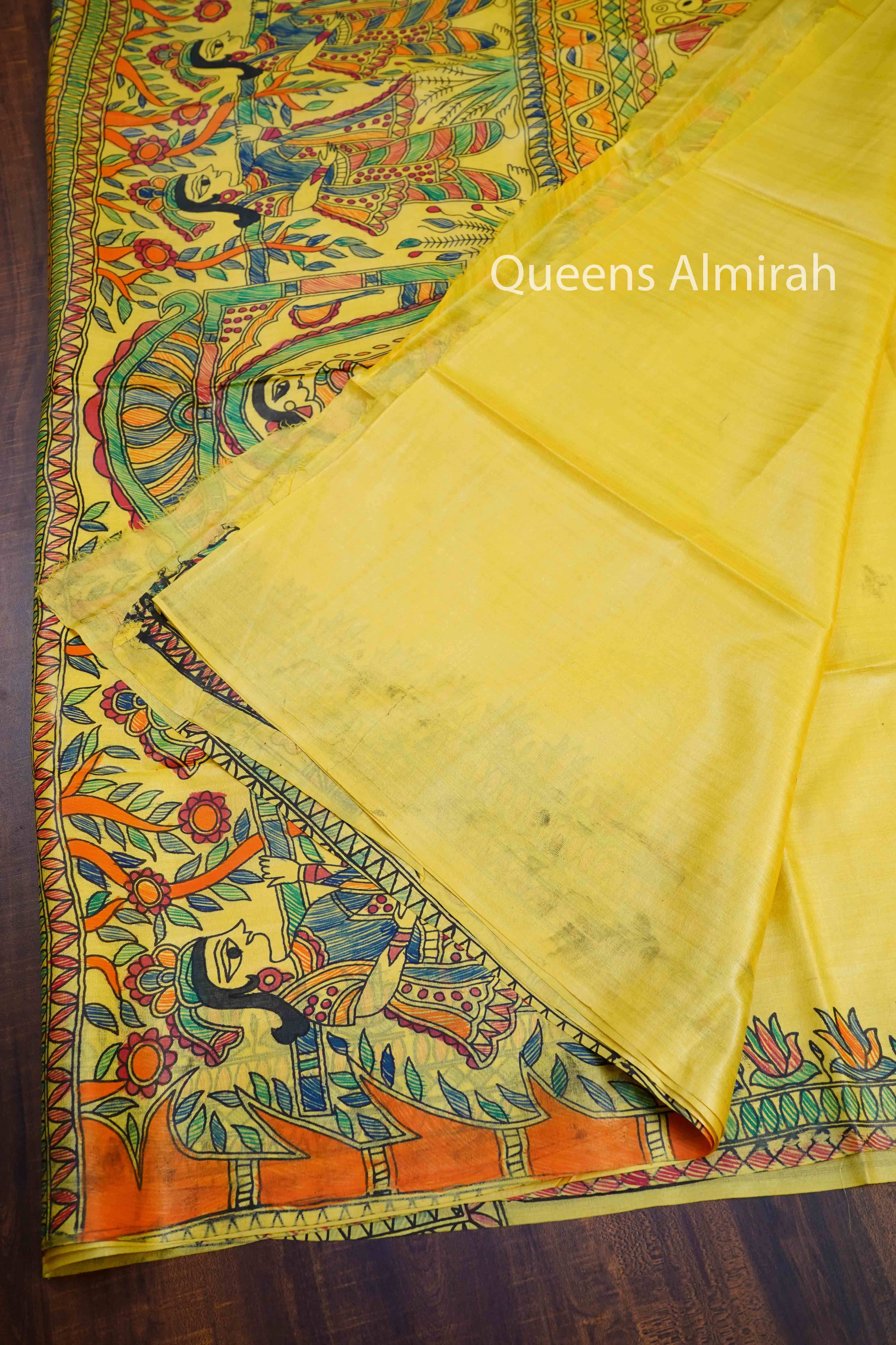 YELLOW MADHUBANI HAND PAINTED PURE TUSSAR SILK SAREE 2 - Queens Jewel Emporium