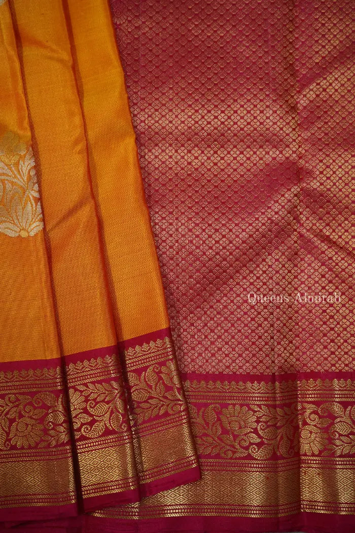 YELLOWISH ORANGE WITH ROSE BUD CHERRY PURE KANCHIVARAM SILK SAREE - Queens Jewel Emporium