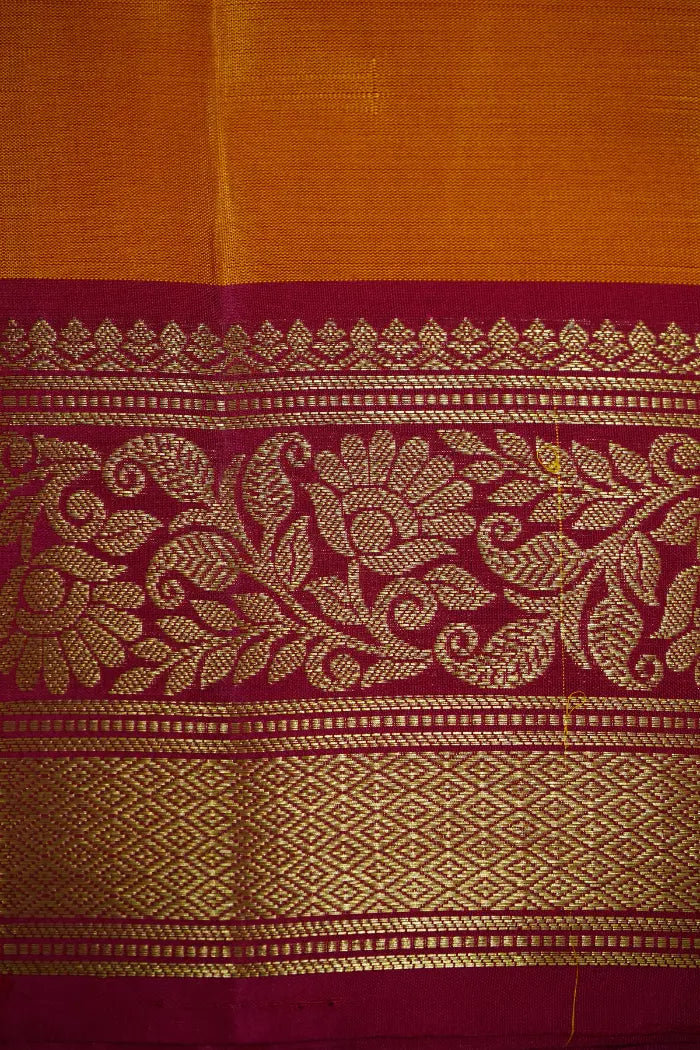 YELLOWISH ORANGE WITH ROSE BUD CHERRY PURE KANCHIVARAM SILK SAREE - Queens Jewel Emporium