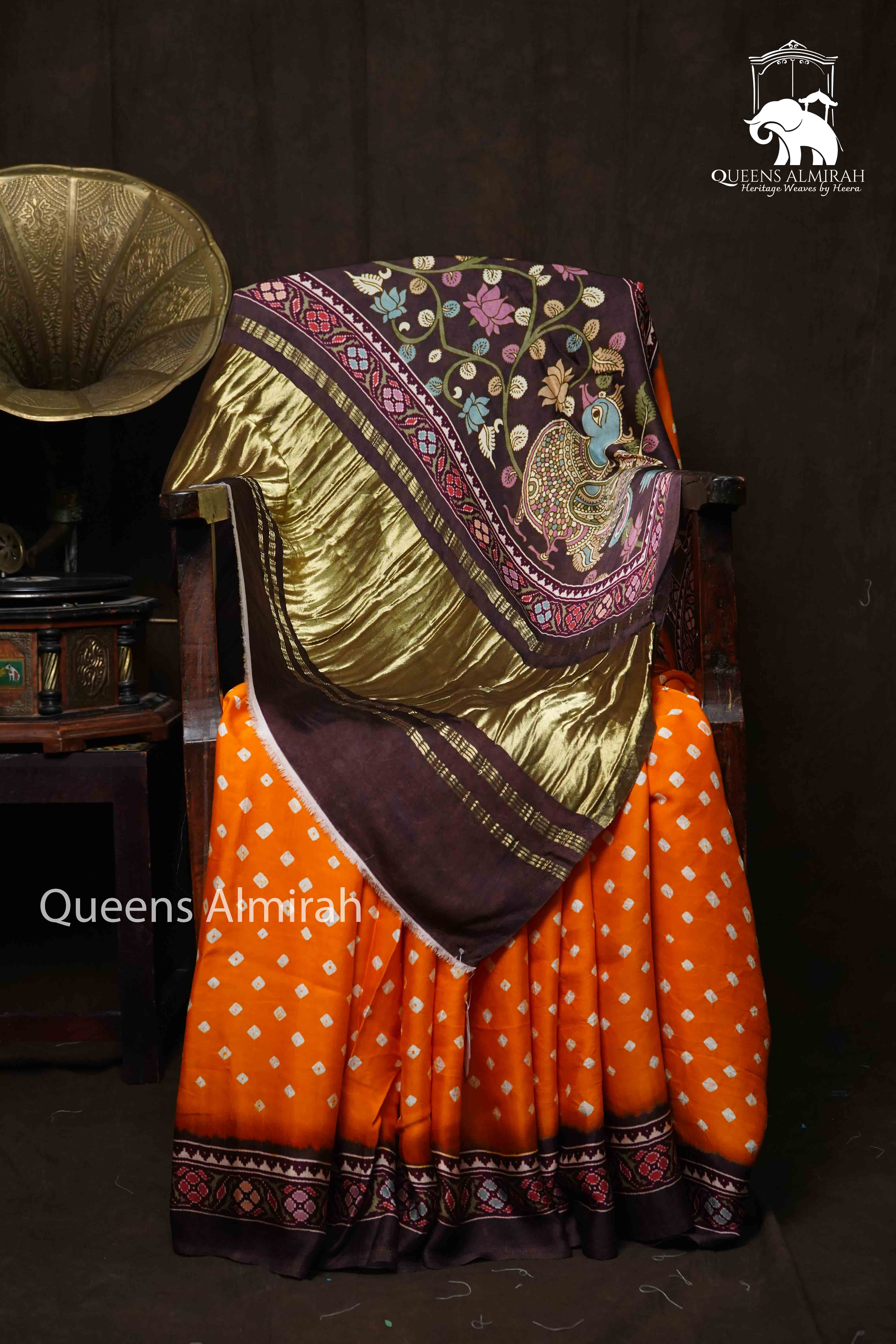 YELLOW ORANGE WITH DEEP OAK MODAL SILK SAREE - Queens Jewel Emporium