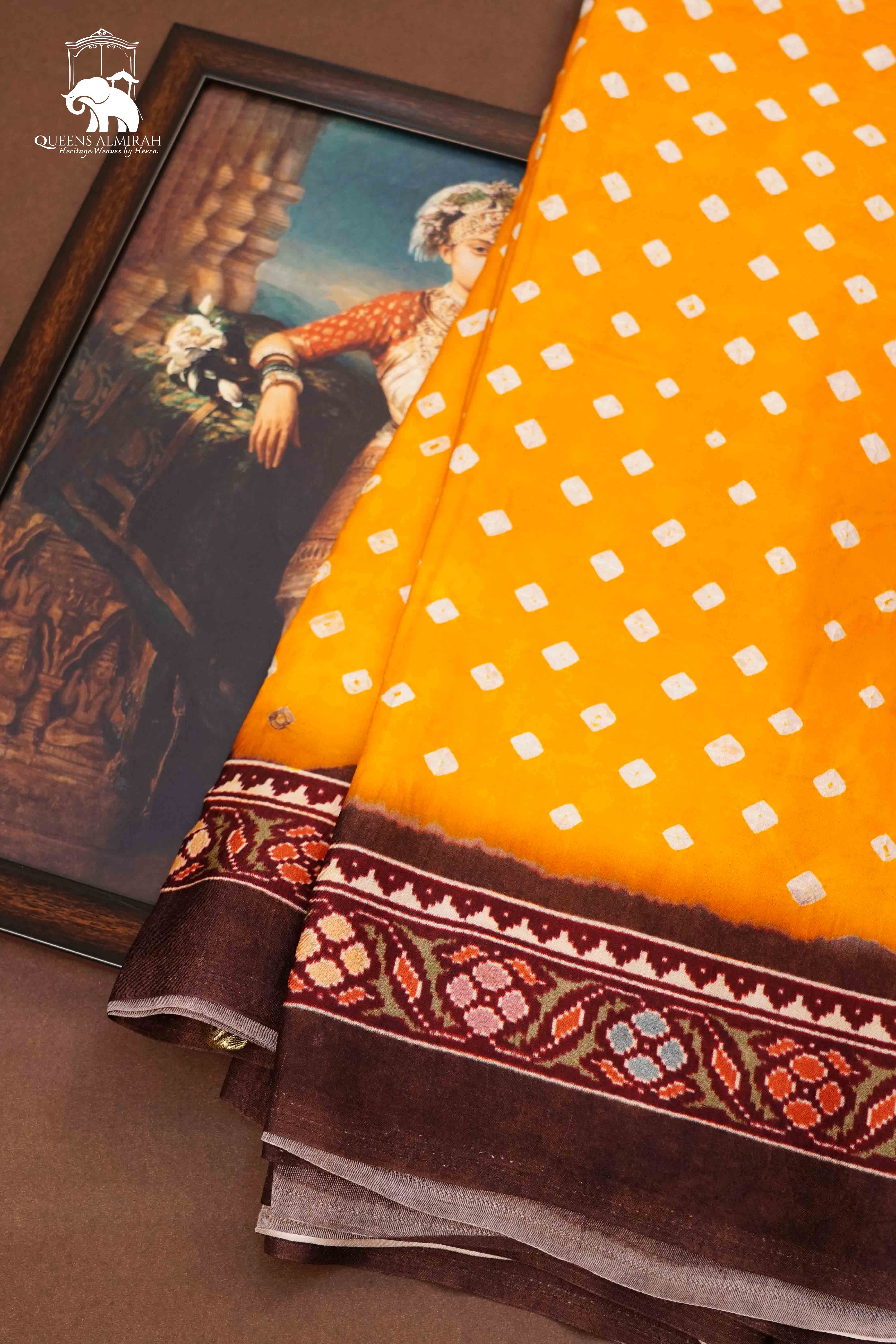 YELLOW ORANGE WITH DEEP OAK MODAL SILK SAREE - Queens Jewel Emporium