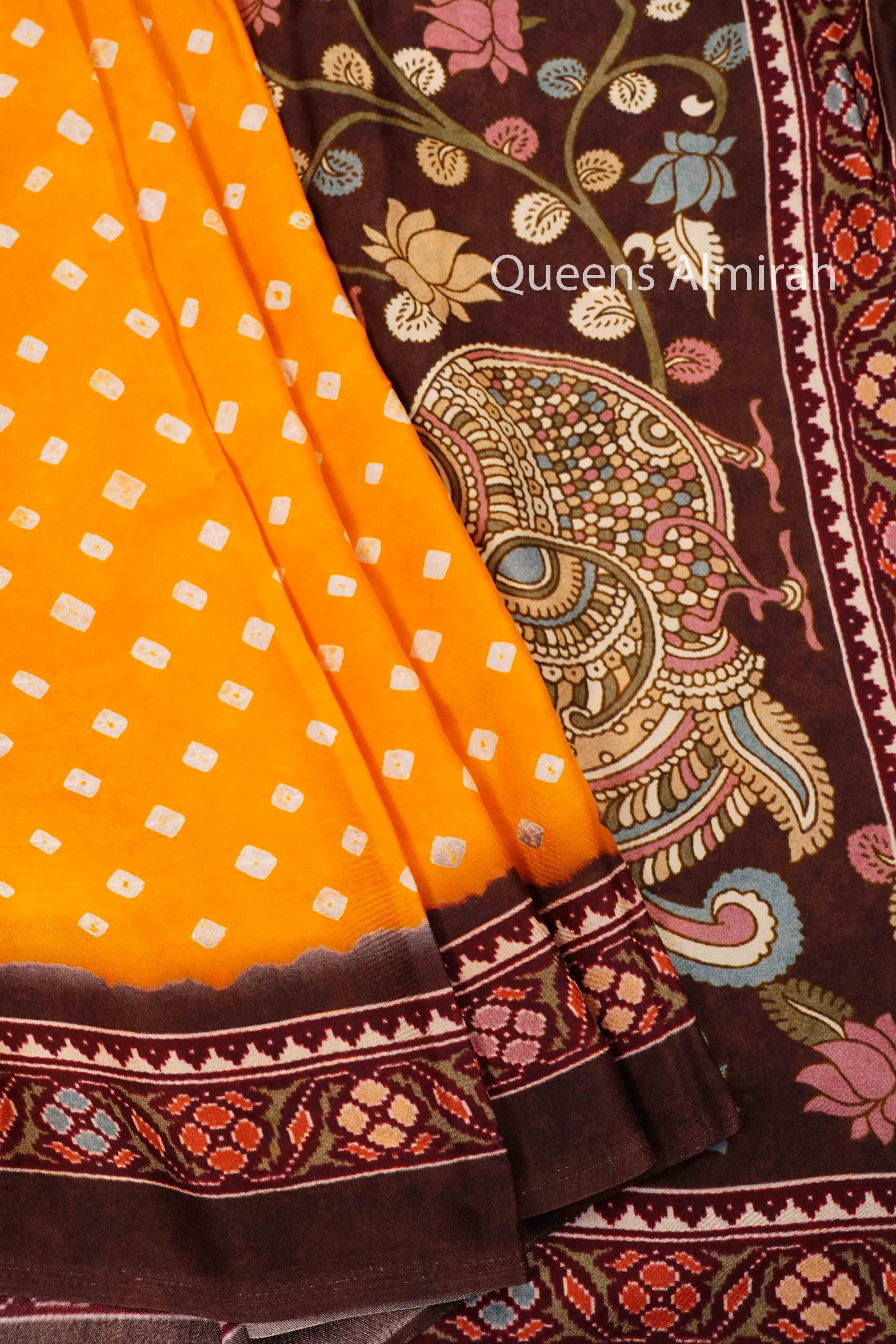 YELLOW ORANGE WITH DEEP OAK MODAL SILK SAREE - Queens Jewel Emporium