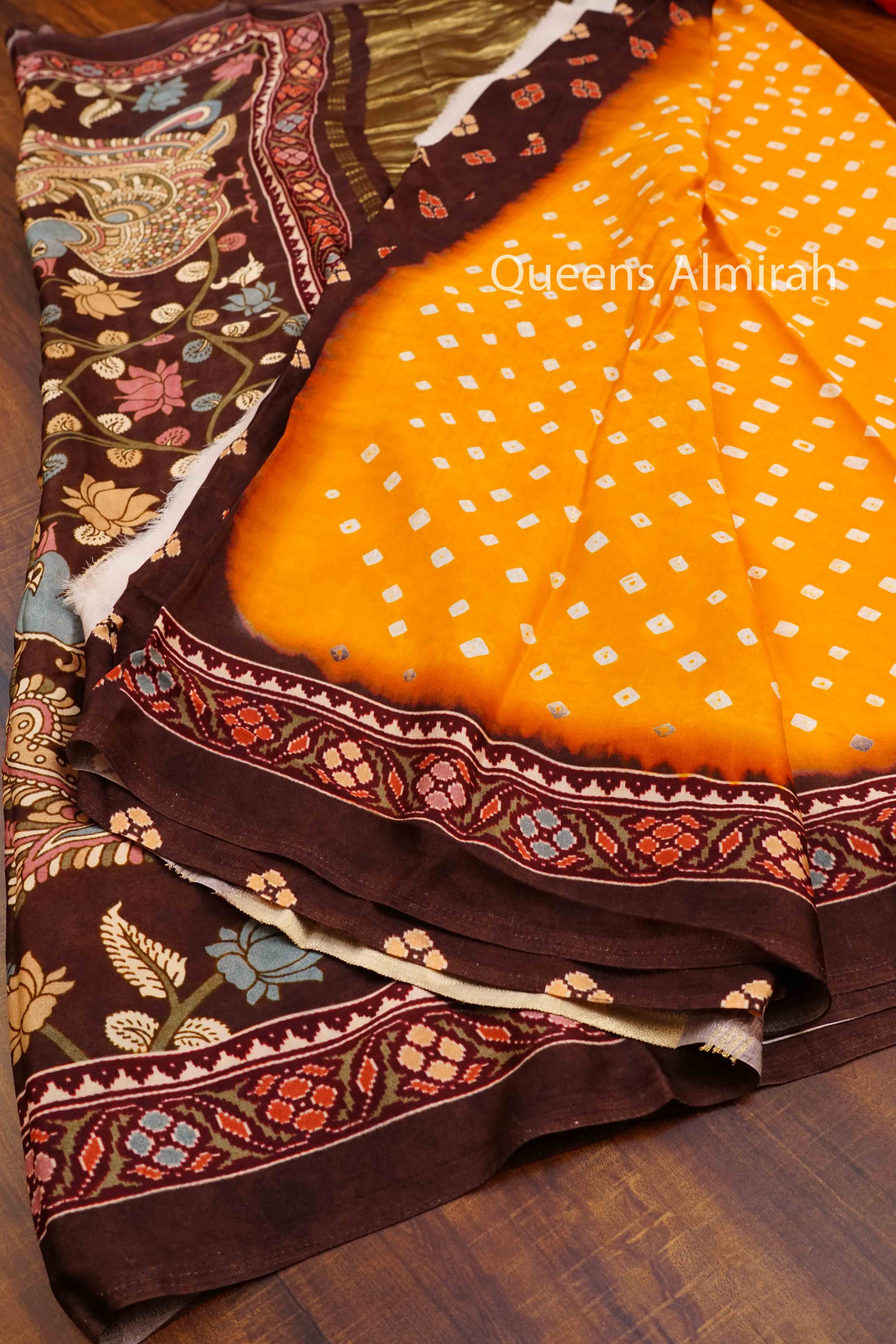 YELLOW ORANGE WITH DEEP OAK MODAL SILK SAREE - Queens Jewel Emporium