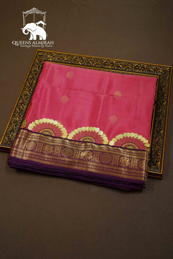 HIBISCUS PINK WITH SALVIA PURPLE DESIGNER SILK SAREE - Queens Jewel Emporium