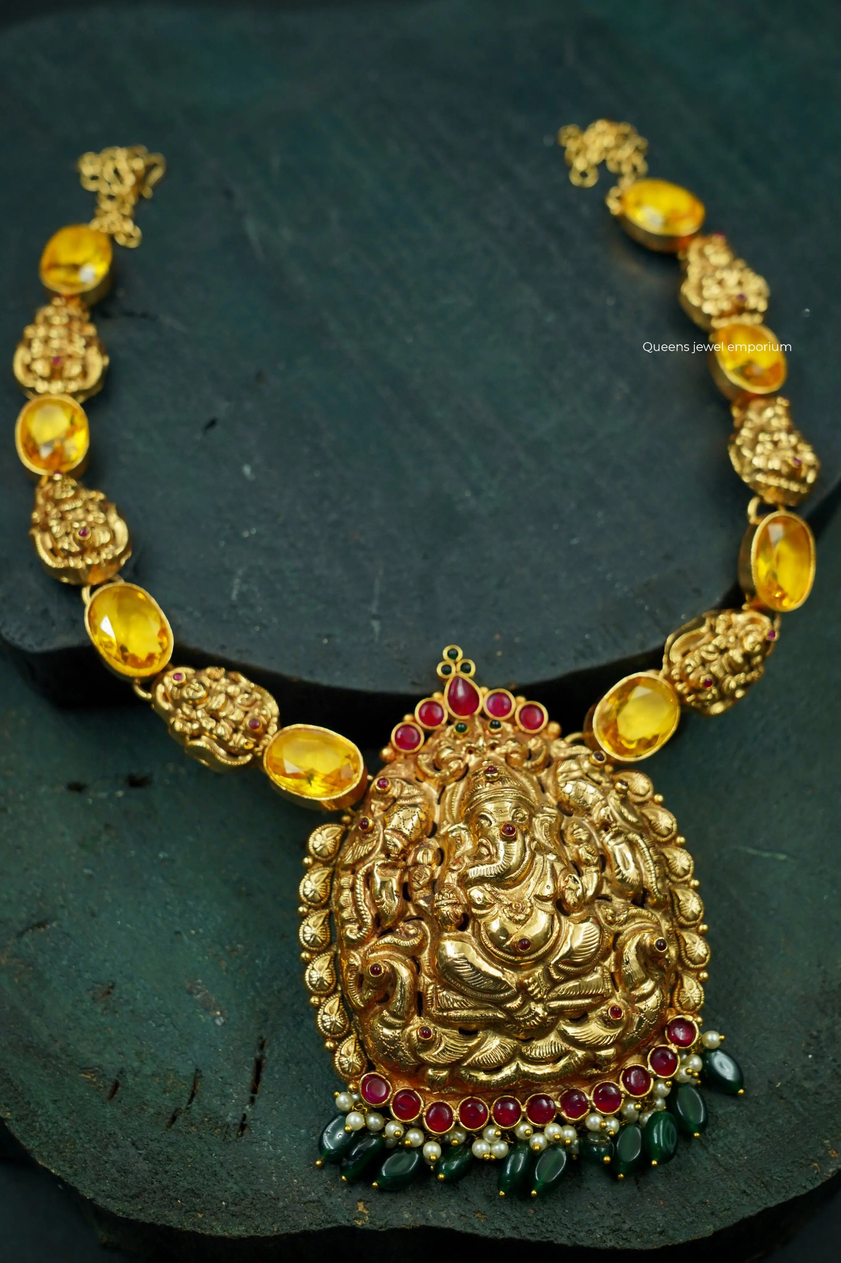 Oval yellow zircon haram-Devotional ganapathy temple haram