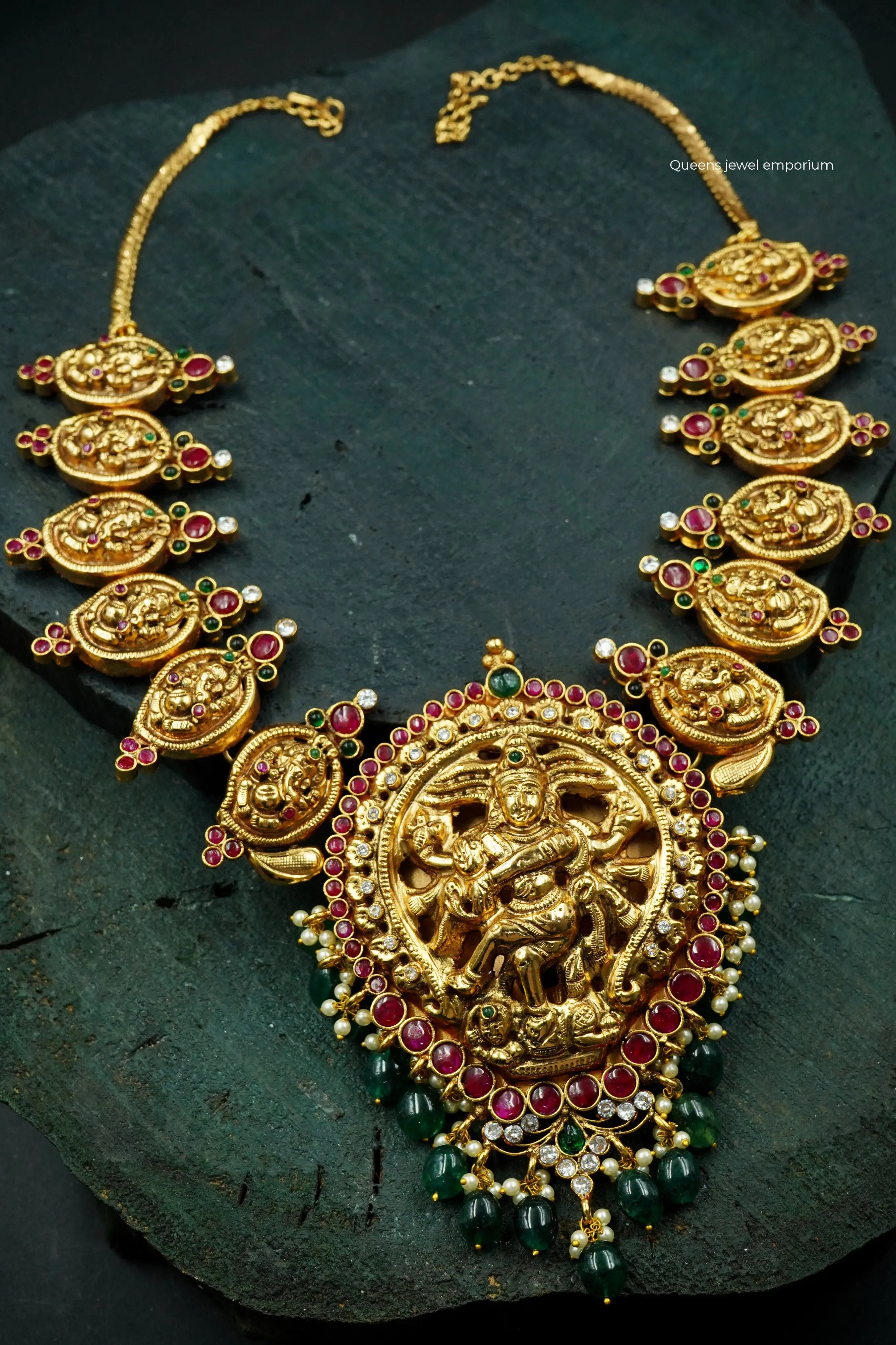 Green bead natarajan pendant-Chola inspired temple haram