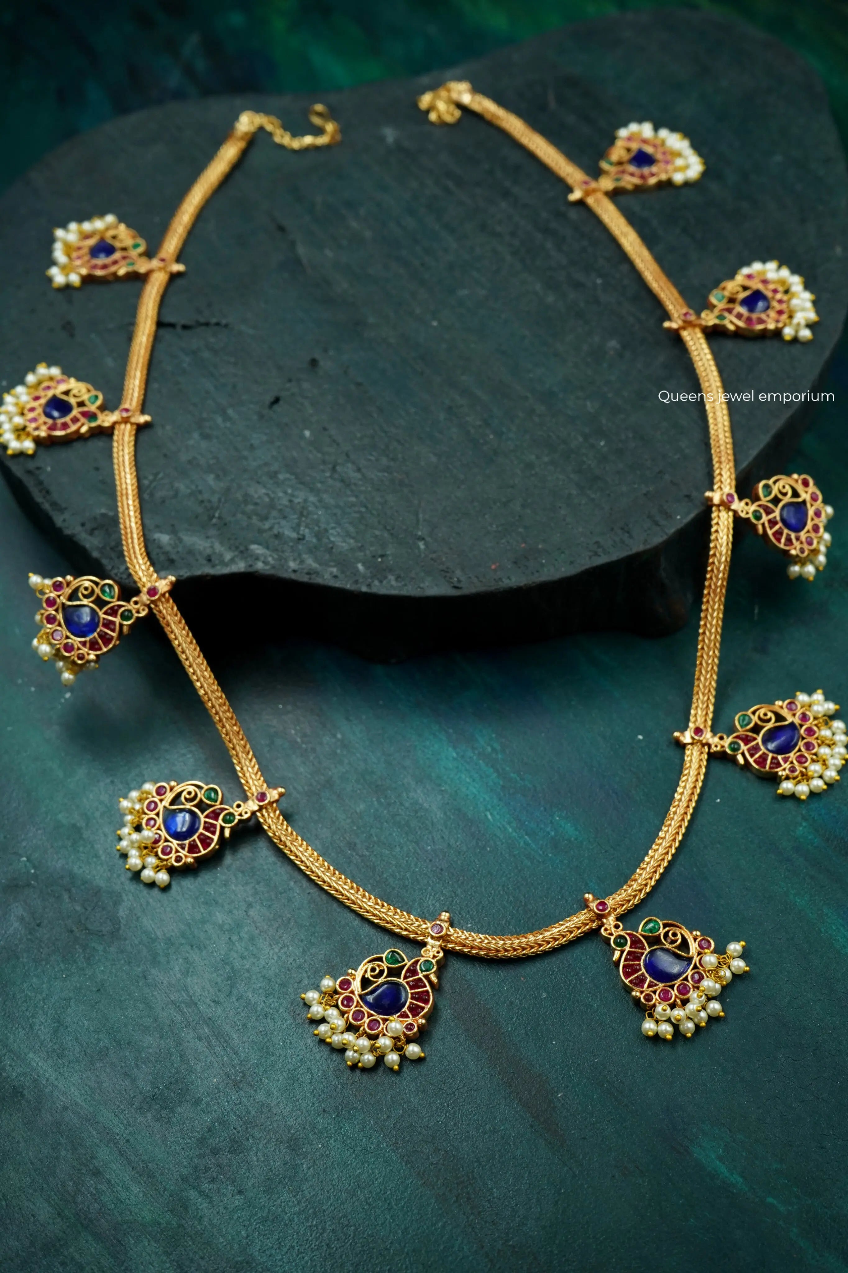 Peacock motif haram-Red color stone haram