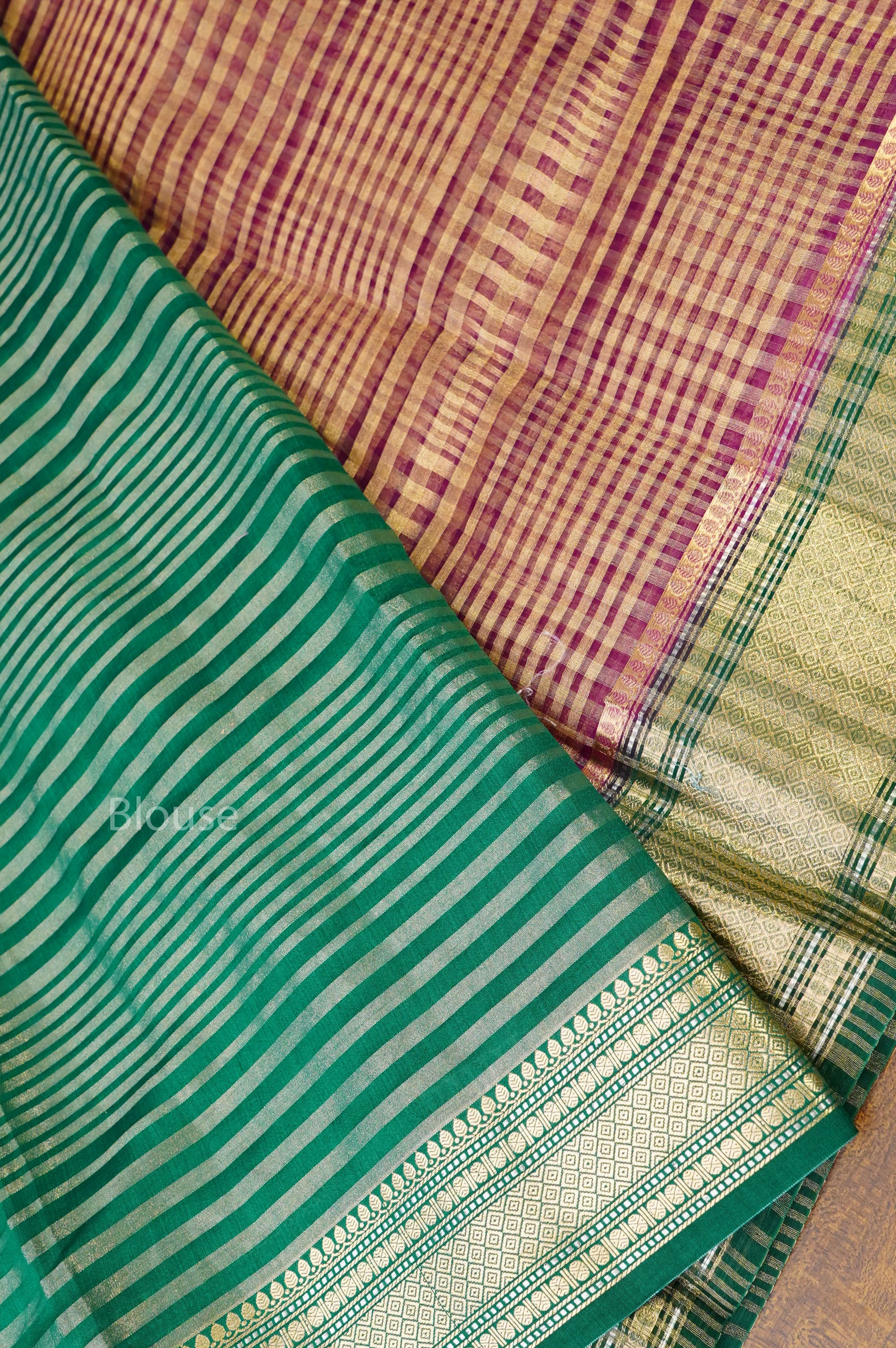 Brown Checks With Green Border Chanderi Katan Silk Handloom Saree