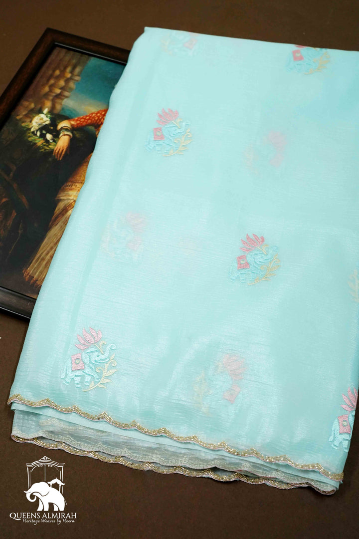 SEA BLUE GLASS TISSUE SAREE - Queens Jewel Emporium