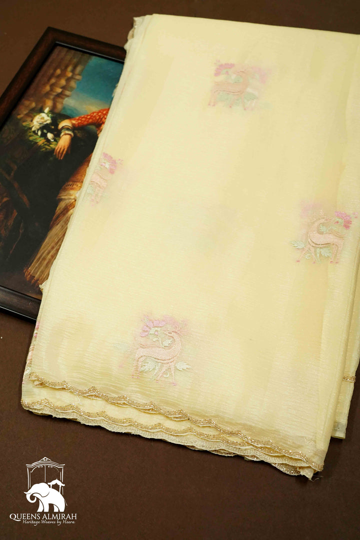 PEACH YELLOW GLASS TISSUE SAREE - Queens Jewel Emporium