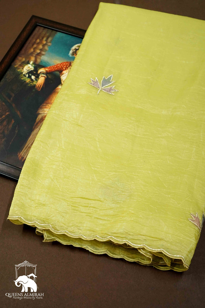 AVOCADO GREEN GLASS TISSUE SAREE - Queens Jewel Emporium