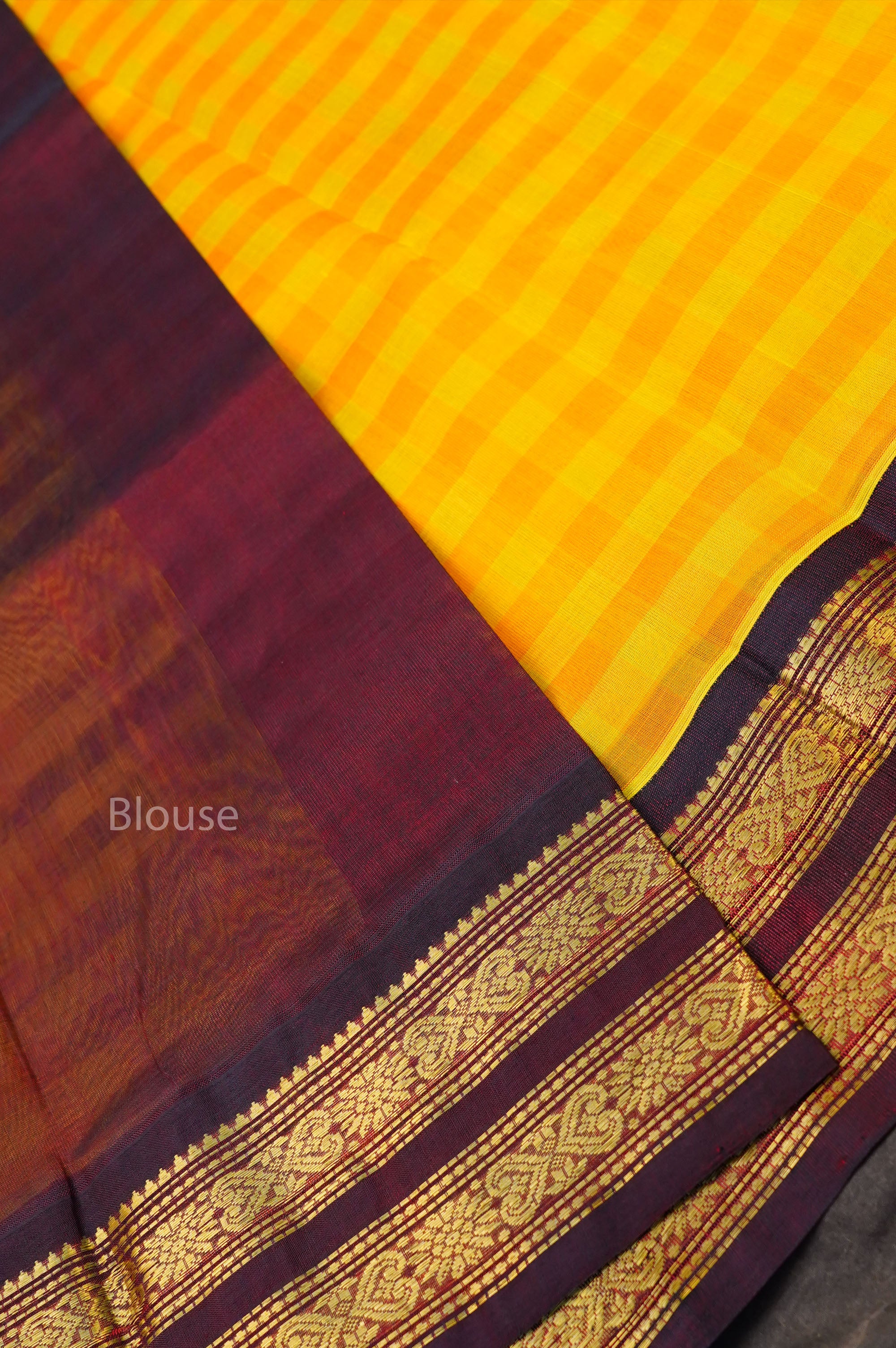 Yellow Kattam With Brown Border Pure Silk Cotton Saree