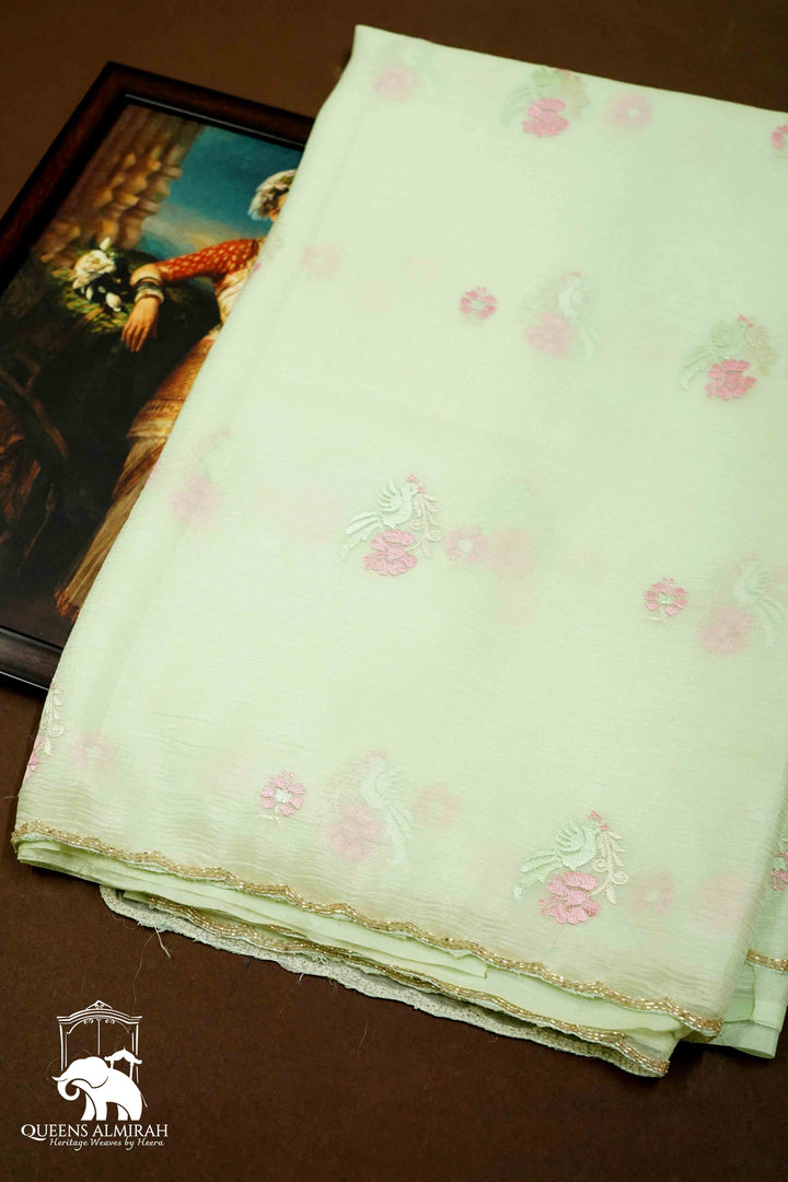 DUSKY GREEN GLASS TISSUE SAREE - Queens Jewel Emporium