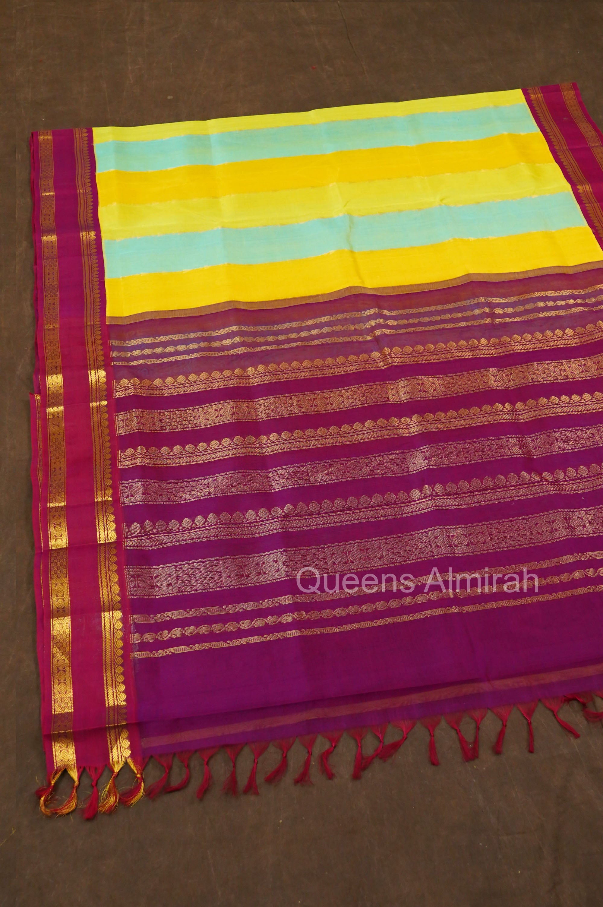 Multi Color With Purple Gap Border Pure Silk Cotton Saree
