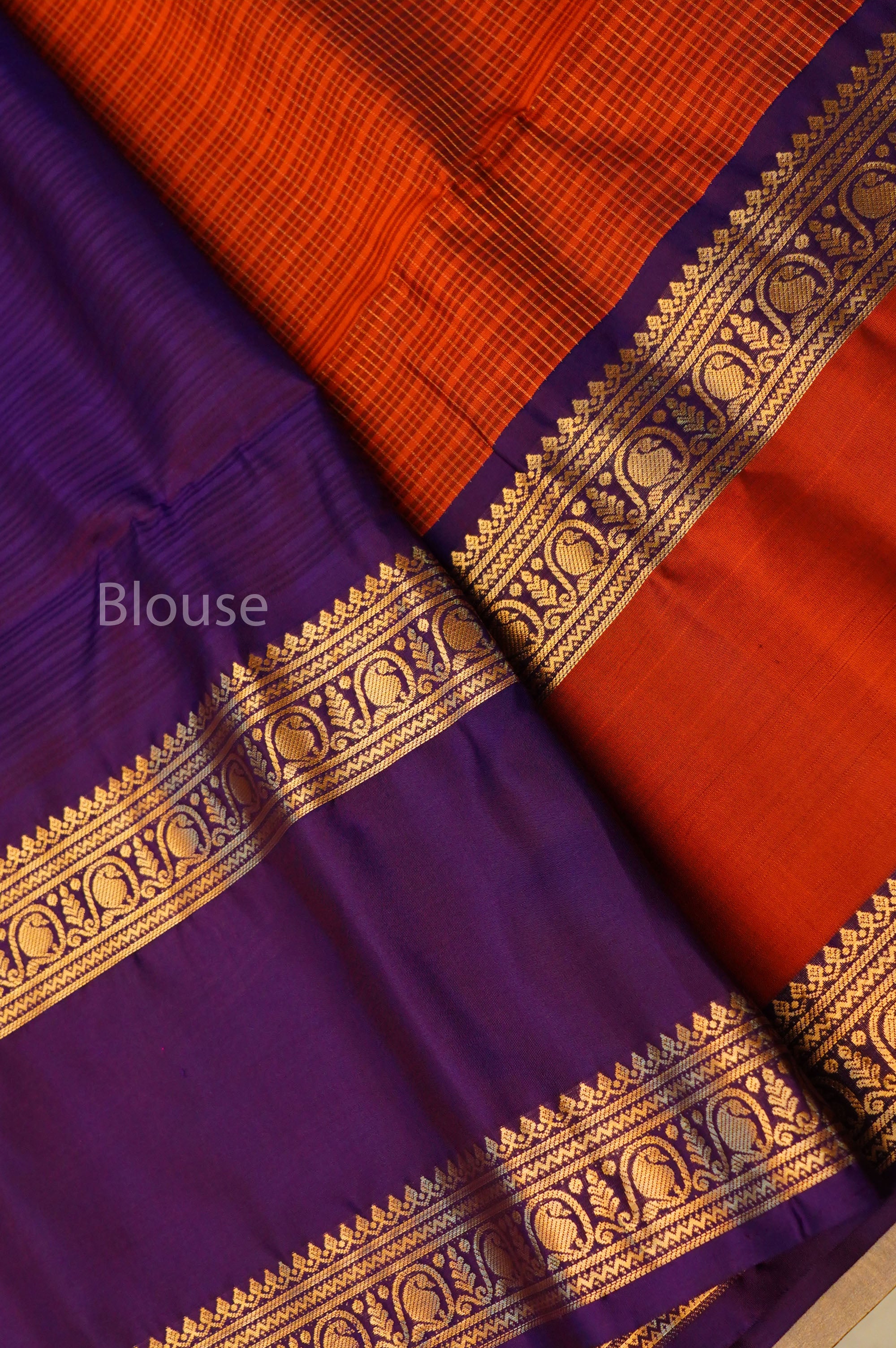 Rust Orange With Purple Pure Soft Silk Saree