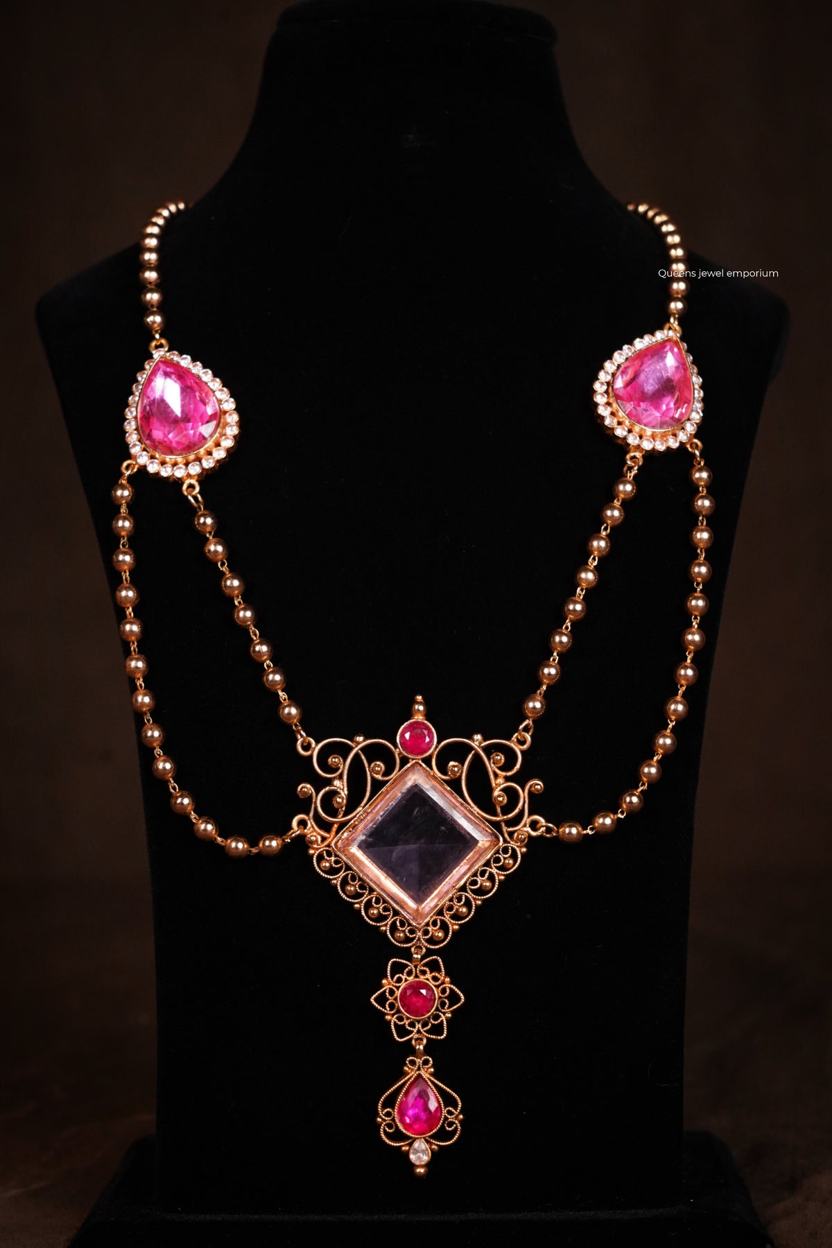Gold ball chain haram-Elegant vintage baby pink stones haram