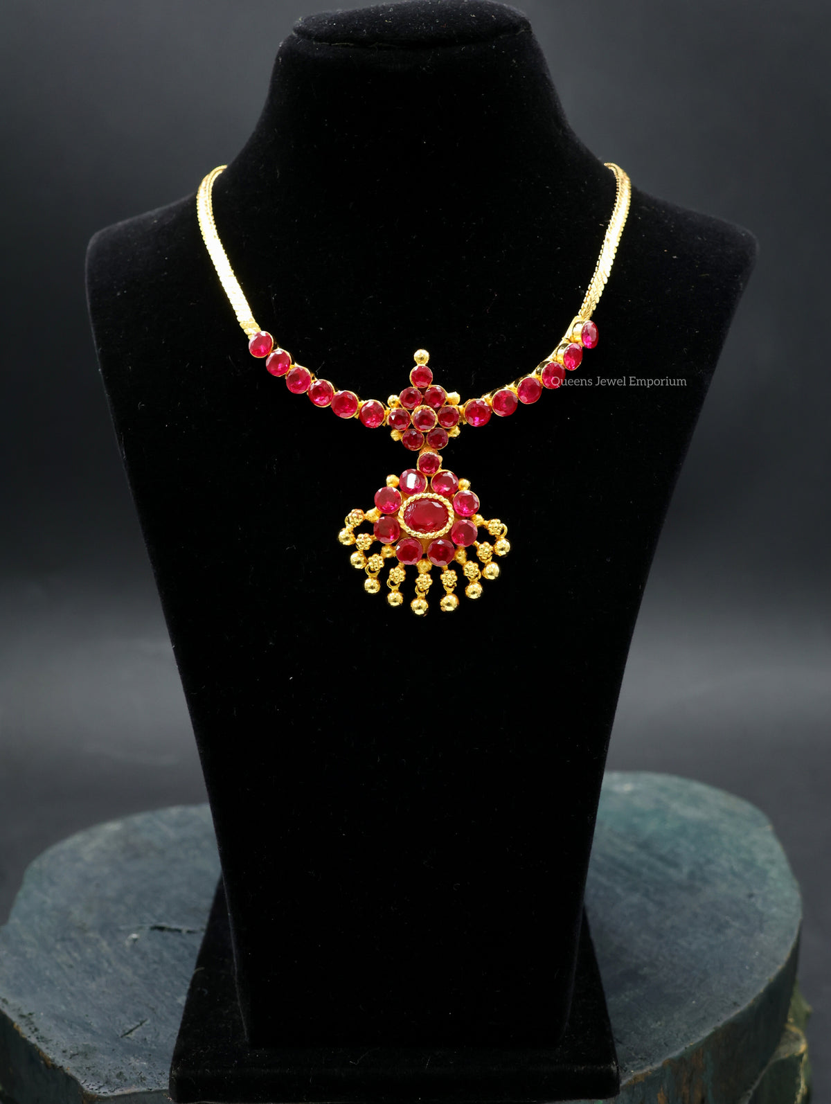 Adigai with pink color stones-Gold ball hangings on pendant
