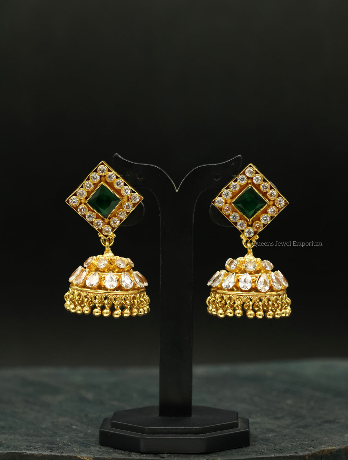 Stone jhumka for bridal-Green and white occasional jhumka