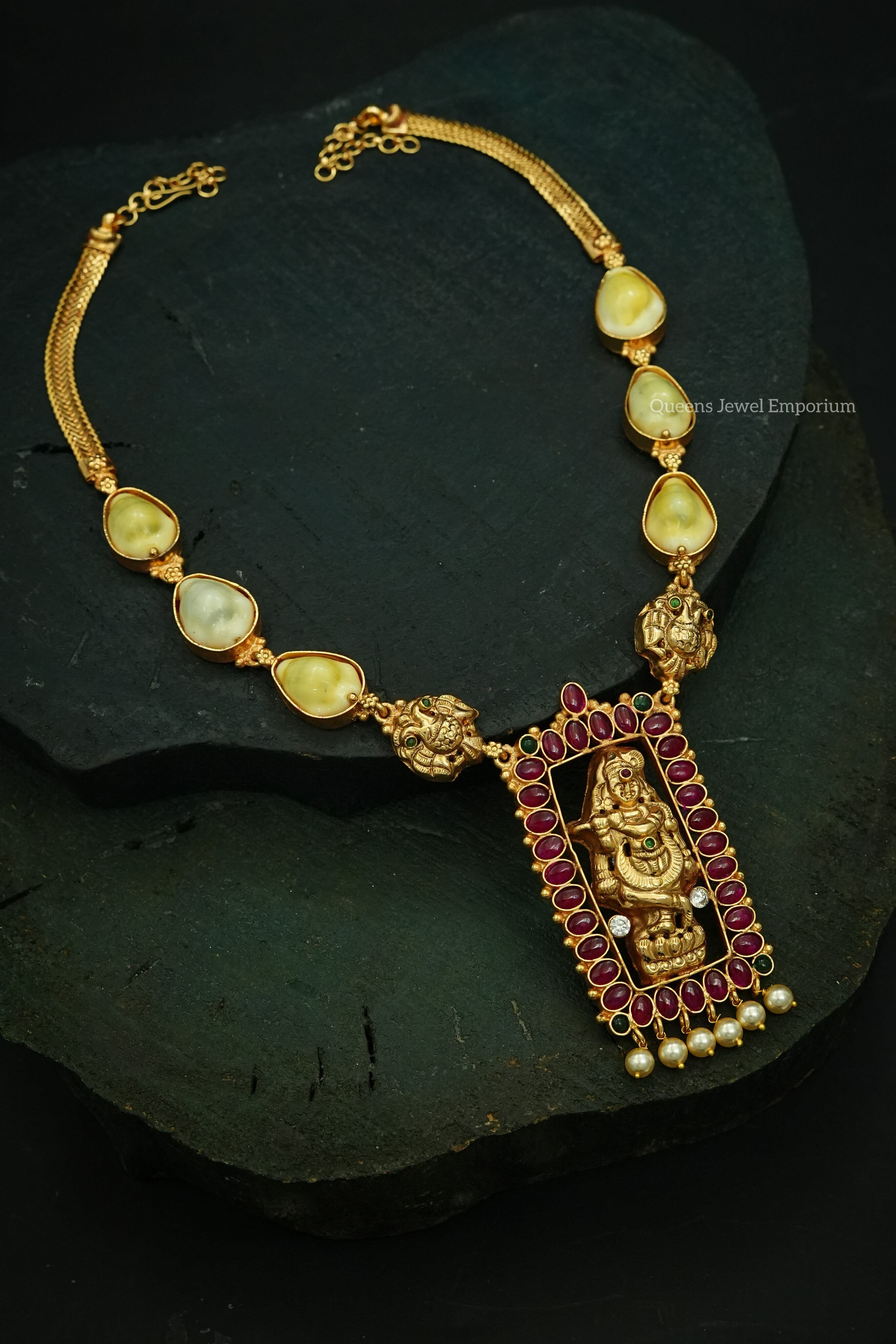 Krishna pendant haram-Pearl stone jewellery