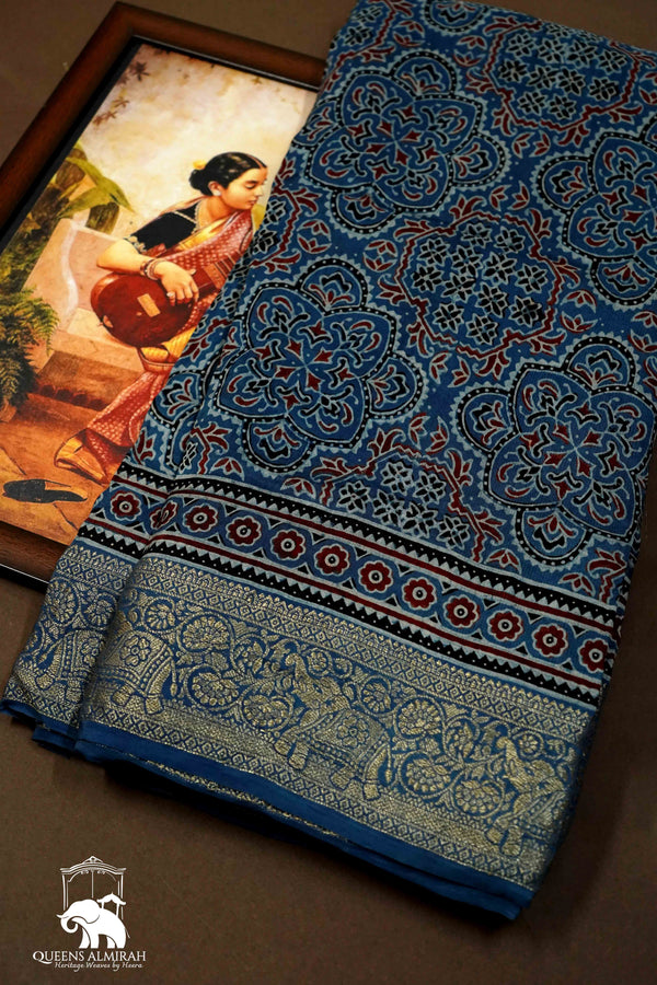 DUSKY BLUE DOLA AJARAKH SILK SAREE 2 - Queens Jewel Emporium