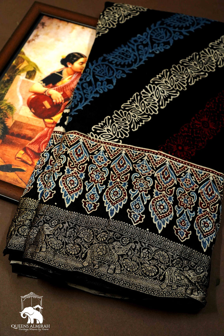 BLACK WITH MULTICOLOR DOLA AJARAKH SILK SAREE 4 - Queens Jewel Emporium