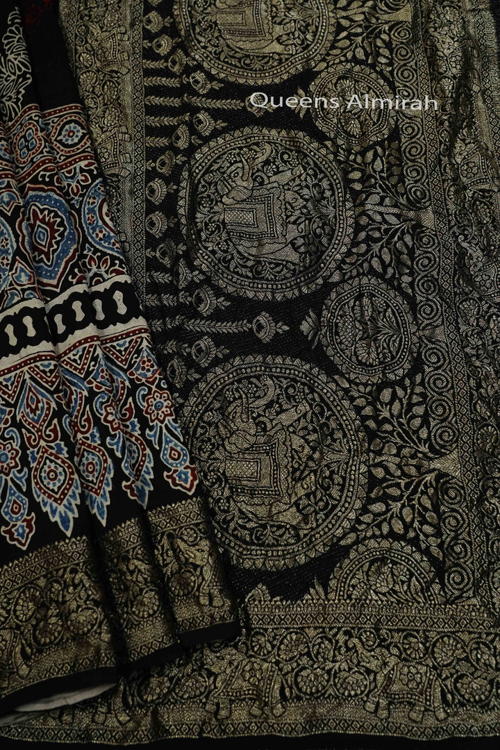 BLACK WITH MULTICOLOR DOLA AJARAKH SILK SAREE 4 - Queens Jewel Emporium