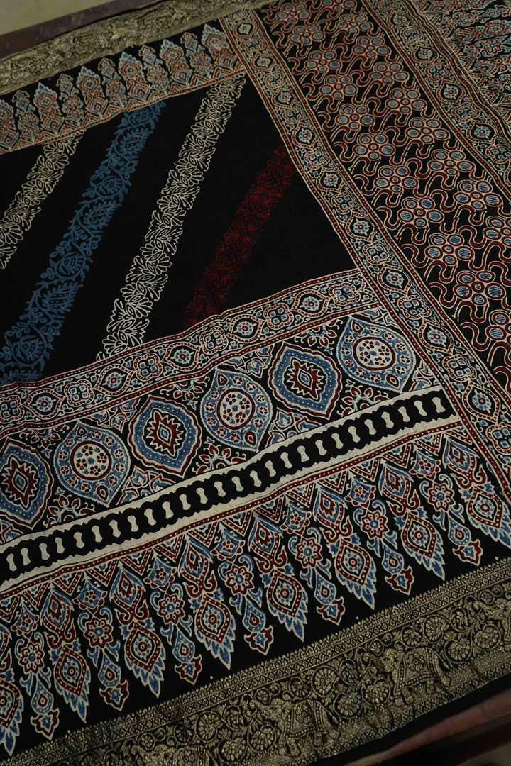 BLACK WITH MULTICOLOR DOLA AJARAKH SILK SAREE 4 - Queens Jewel Emporium