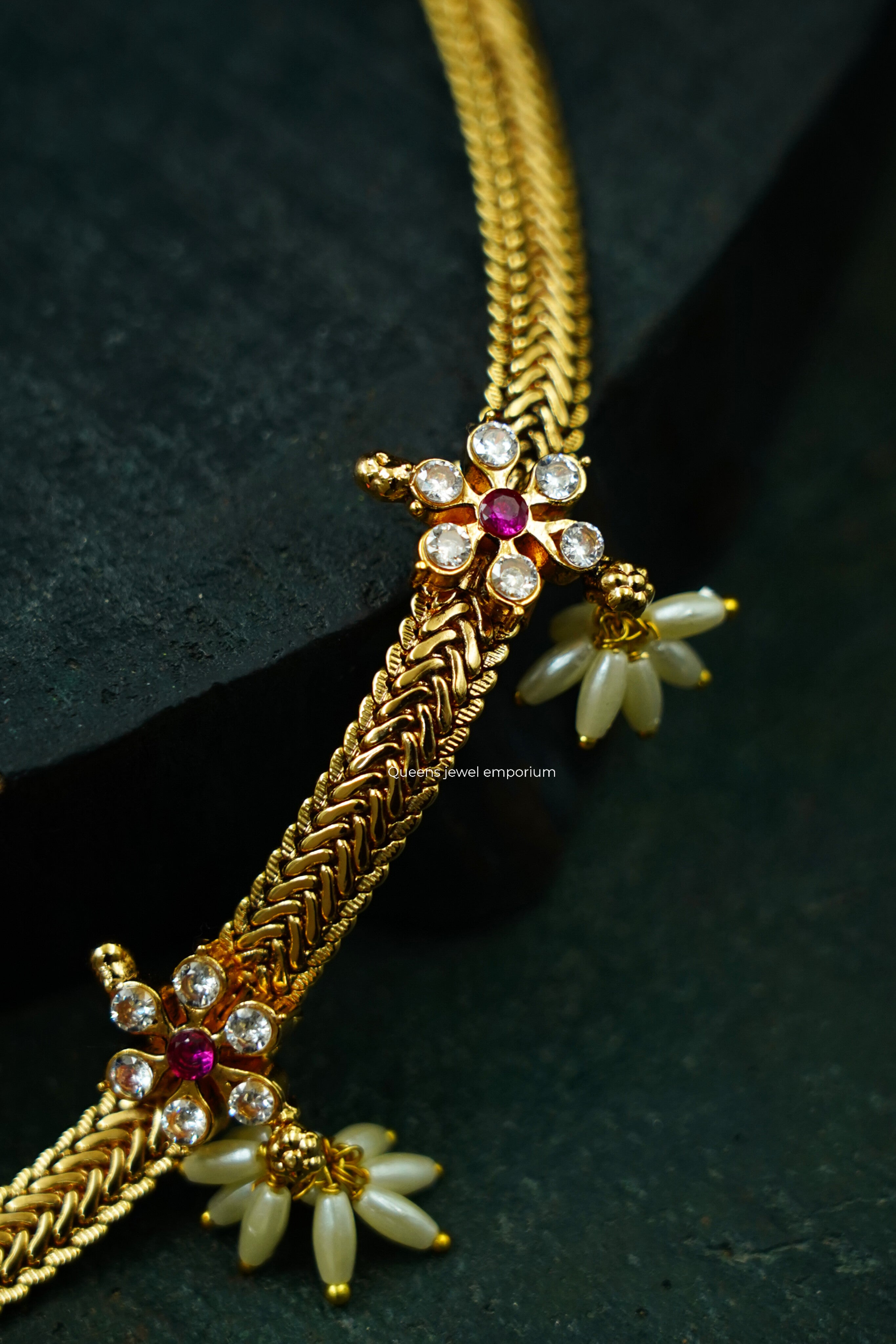 Square pink stone pendant-Elegant stone pendant with rice pearl hangings