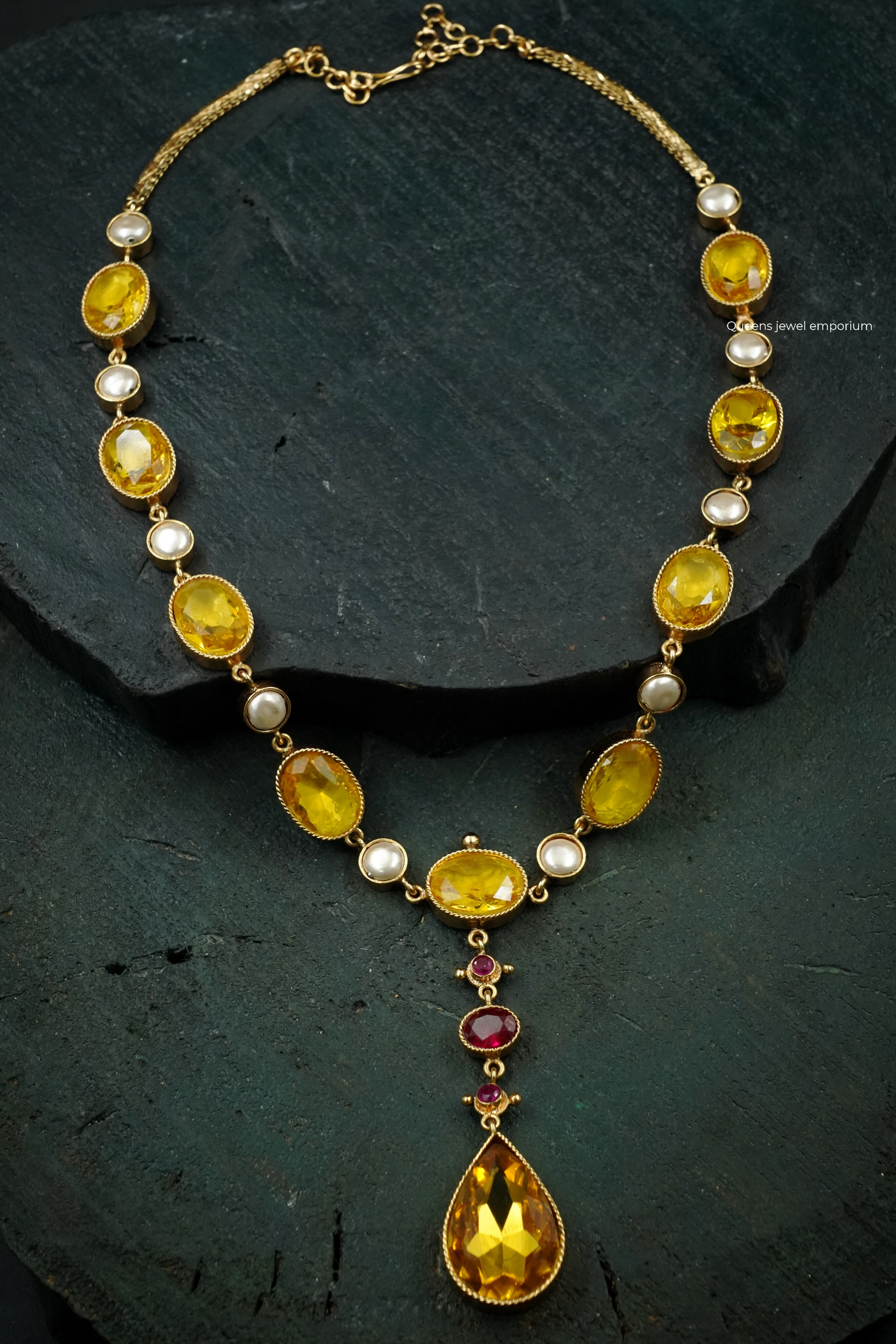 Yellow cut stones haram-Pearl details jewellery