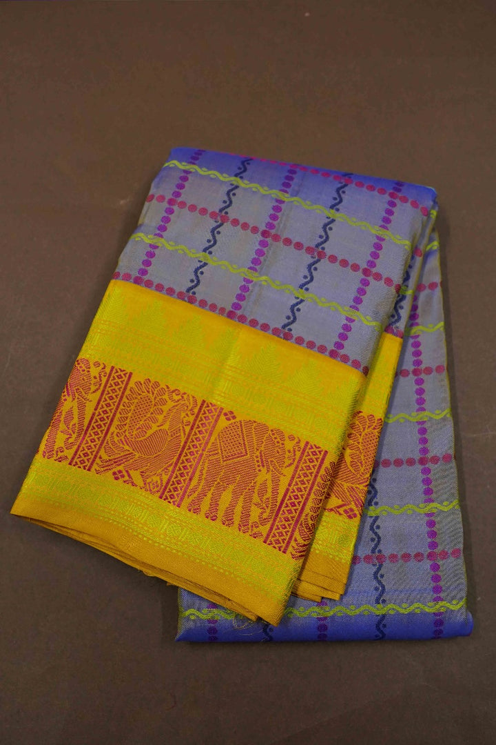 DARK LILAC WITH MANGO YELLOW PURE KANCHIVARAM SILK SAREE - Queens Jewel Emporium