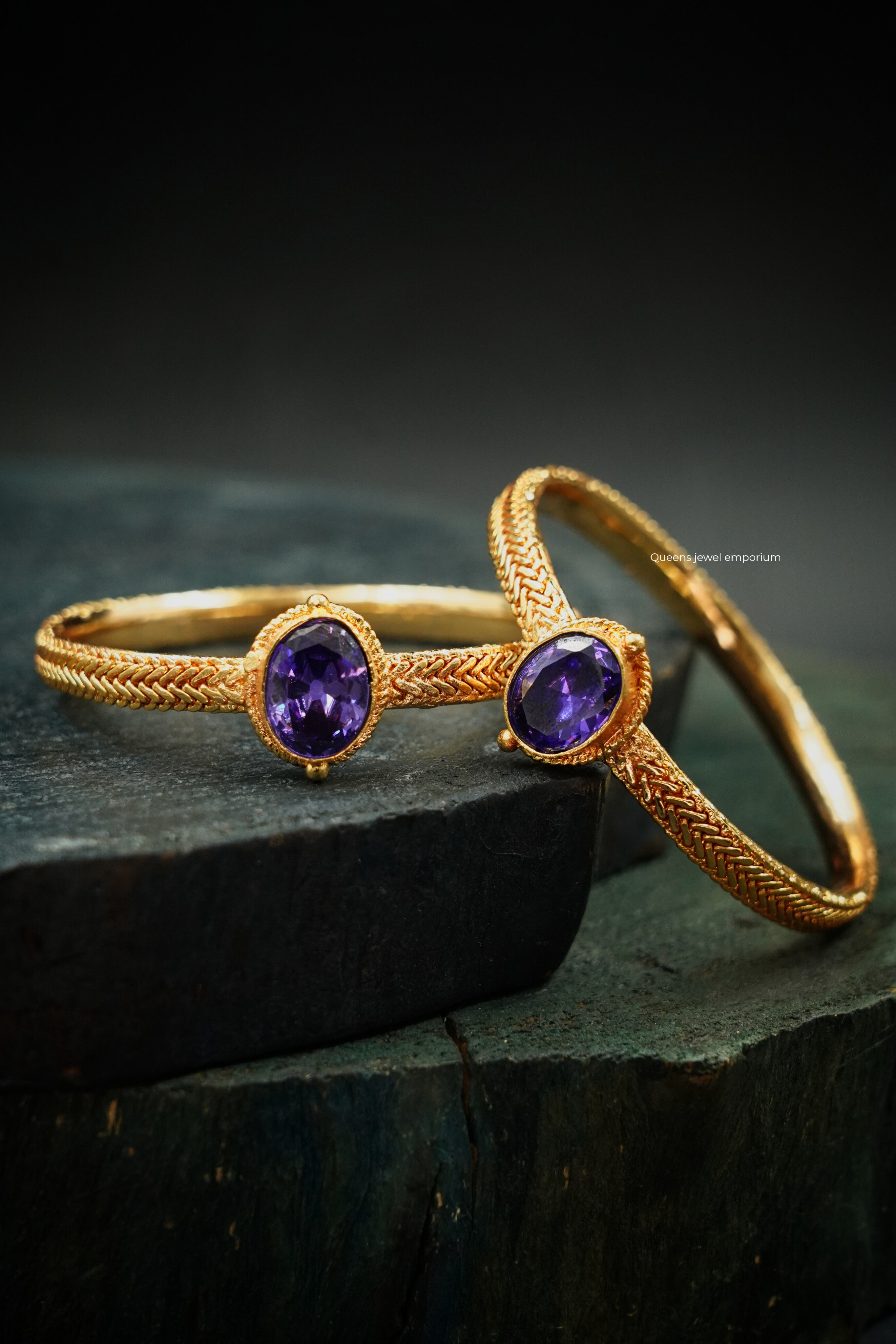 Traditional purple stone bangles-Kada set for sarees