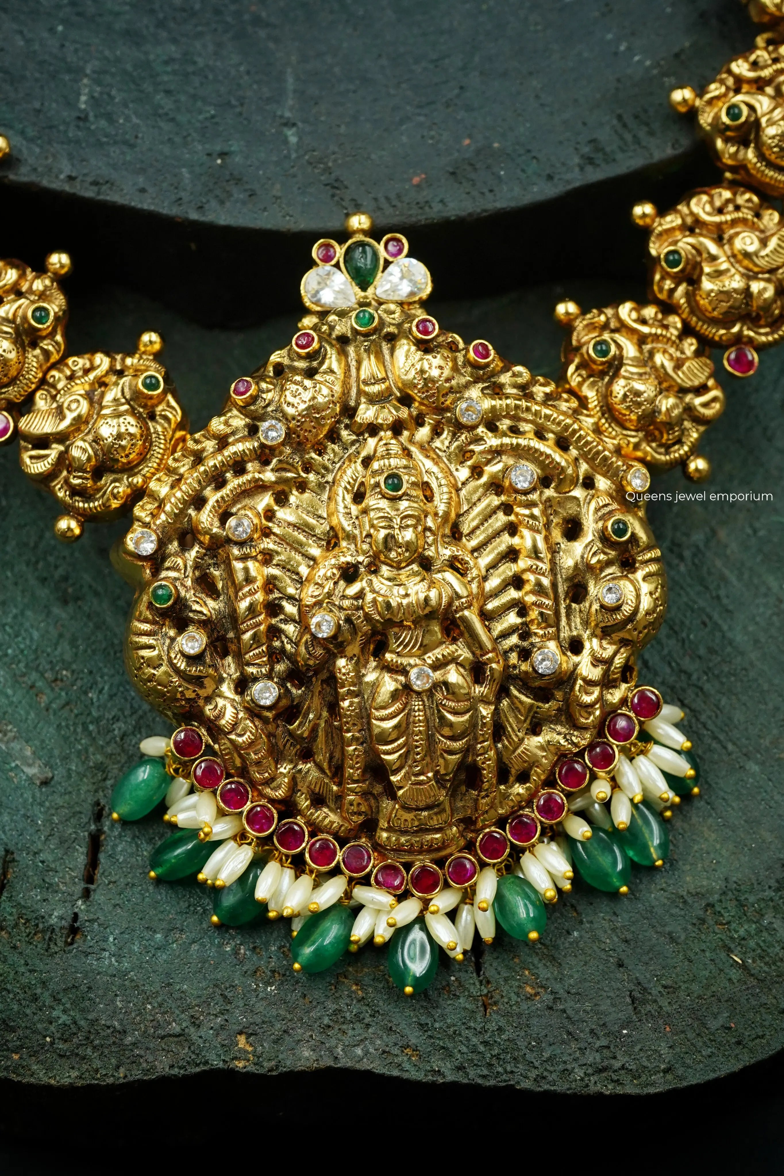 Nagas finish lakshmi haram-Lakshmi pendant parrot haram