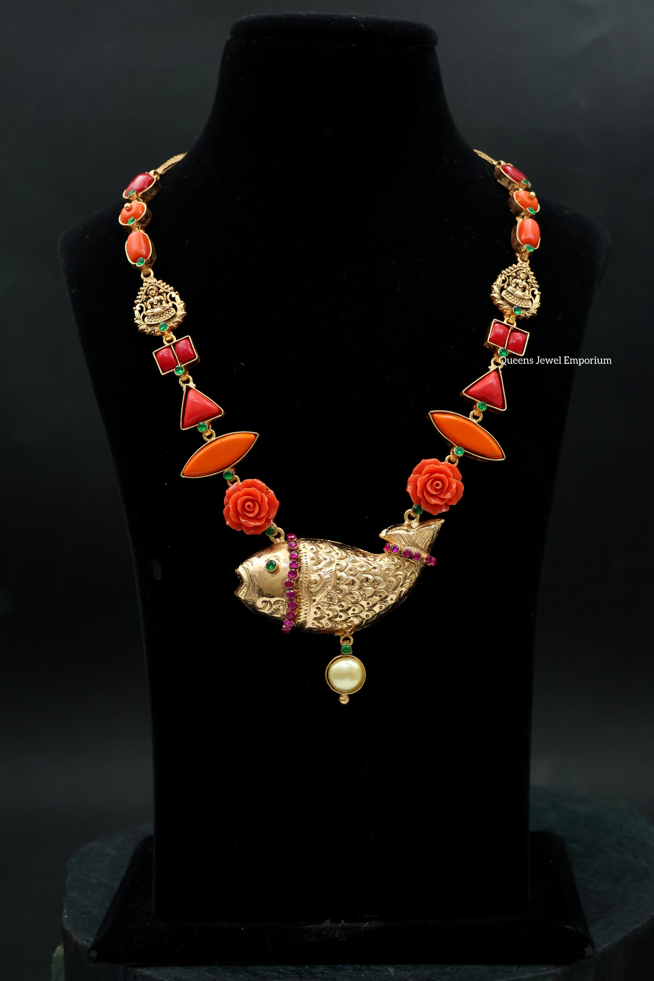 Coral stone haram-Nagas lakshmi motif chain
