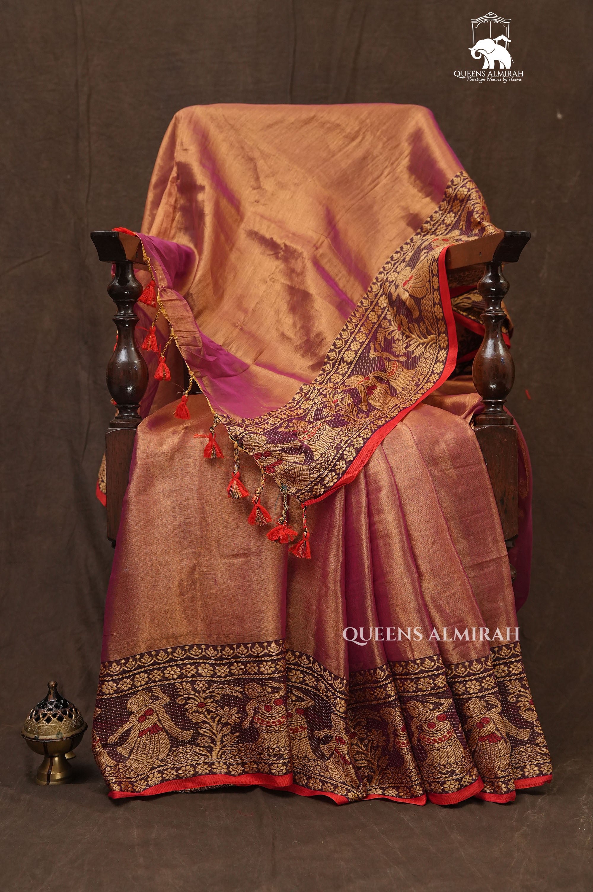 Orangish Pink Linen Tissue Saree With Bomkai Border