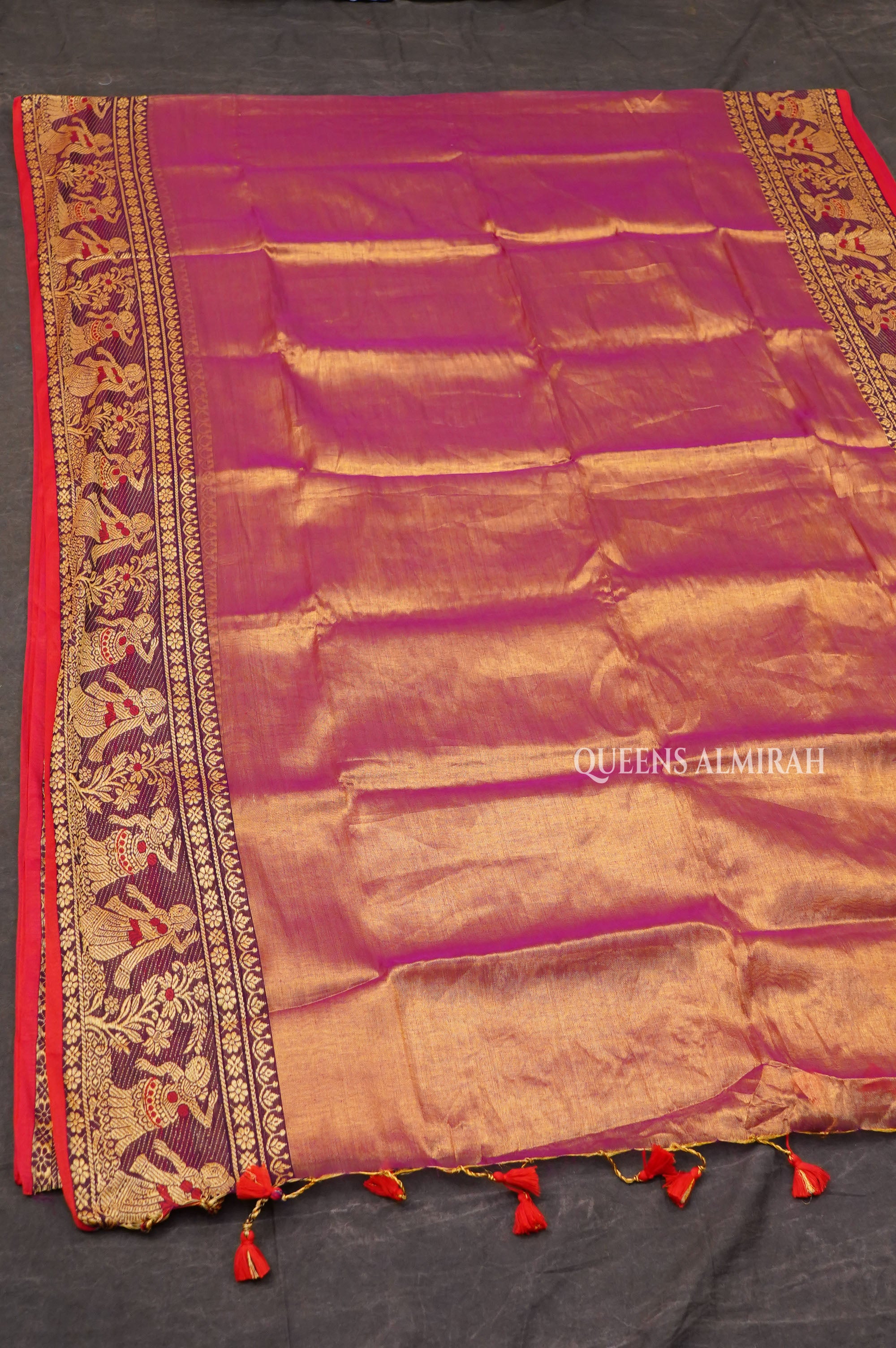 Orangish Pink Linen Tissue Saree With Bomkai Border